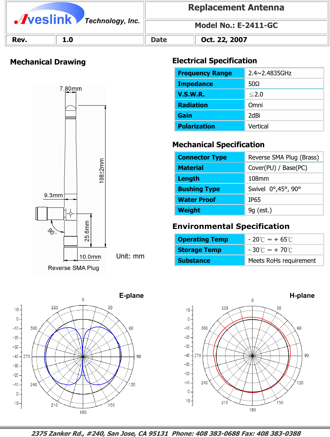 Mechanical DrawingMechanical Specification Environmental SpecificationReplacement Antenna Model No.: E-2411-GC Rev.   1.0   Date   Oct. 22, 2007 Connector Type   Reverse SMA Plug (Brass)Material  Cover(PU) / Base(PC) Length  108mm Bushing Type  Swivel  0°,45°, 90° Water Proof  IP65 Weight  9g (est.)                                                                                                                                                                                                                        2375 Zanker Rd., #240, San Jose, CA 95131  Phone: 408 383-0688 Fax: 408 383-0388 Operating Temp  - 20℃ ~ + 65℃  Storage Temp  - 30℃ ~ + 70℃  Substance  Meets RoHs requirement Electrical SpecificationFrequency Range   2.4~2.4835GHz Impedance  50Ω V.S.W.R.  ≦2.0 Radiation  Omni Gain  2dBi Polarization  Vertical Unit: mm E-plane  H-plane 