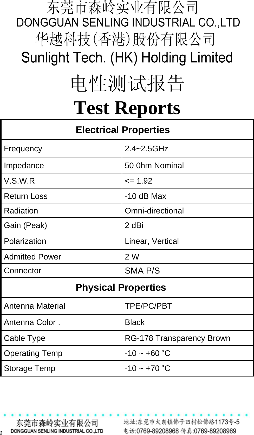        电性测试报告 Test Reports      Electrical Properties   Frequency 2.4~2.5GHz    Impedance 50 0hm Nominal V.S.W.R &lt;= 1.92 Return Loss -10 dB Max Radiation Omni-directional Gain (Peak) 2 dBi Polarization Linear, Vertical Admitted Power 2 W Connector SMA P/S  Physical Properties   Antenna Material    TPE/PC/PBT Antenna Color .   Black Cable Type RG-178 Transparency Brown Operating Temp -10 ~ +60 ˚C Storage Temp -10 ~ +70 ˚C 