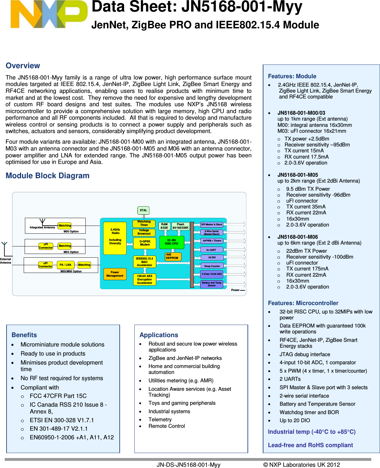  Data Sheet: JN5168-001-Myy JenNet, ZigBee PRO and IEEE802.15.4 Module       JN-DS-JN5168-001-Myy  © NXP Laboratories UK 2012 Features: Module • 2.4GHz IEEE 802.15.4, JenNet-IP, ZigBee Light Link, ZigBee Smart Energy and RF4CE compatible  • JN5168-001-M00/03 up to 1km range (Ext antenna) M00: integral antenna 16x30mm M03: uFl connector 16x21mm o TX power +2.5dBm o Receiver sensitivity –95dBm o TX current 15mA  o RX current 17.5mA o 2.0-3.6V operation  • JN5168-001-M05   up to 2km range (Ext 2dBi Antenna) o 9.5 dBm TX Power o Receiver sensitivity -96dBm o uFl connector o TX current 35mA  o RX current 22mA o 16x30mm o 2.0-3.6V operation  • JN5168-001-M06   up to 6km range (Ext 2 dBi Antenna) o 22dBm TX Power o Receiver sensitivity -100dBm o uFl connector o TX current 175mA  o RX current 22mA o 16x30mm o 2.0-3.6V operation  Features: Microcontroller • 32-bit RISC CPU, up to 32MIPs with low power  • Data EEPROM with guaranteed 100k write operations • RF4CE, JenNet-IP, ZigBee Smart Energy stacks • JTAG debug interface •  4-input 10-bit ADC, 1 comparator • 5 x PWM (4 x timer, 1 x timer/counter) • 2 UARTs  • SPI Master &amp; Slave port with 3 selects •  2-wire serial interface • Battery and Temperature Sensor • Watchdog timer and BOR • Up to 20 DIO  Industrial temp (-40°C to +85°C)  Lead-free and RoHS compliant     Overview   The JN5168-001-Myy family is a range of ultra low power, high performance surface mount modules targeted at IEEE 802.15.4, JenNet-IP, ZigBee Light Link, ZigBee Smart Energy and RF4CE networking applications, enabling users to realise products with minimum time to market and at the lowest cost.  They remove the need for expensive and lengthy development of custom RF board designs and test suites. The modules use NXP’s JN5168 wireless microcontroller to provide a comprehensive solution with large memory, high CPU and radio performance and all RF components included.  All that is required to develop and manufacture wireless control or sensing products is to connect a power supply and peripherals such as switches, actuators and sensors, considerably simplifying product development. Four module variants are available: JN5168-001-M00 with an integrated antenna, JN5168-001-M03 with an antenna connector and the JN5168-001-M05 and M06 with an antenna connector, power amplifier and LNA for extended range. The JN5168-001-M05 output power has been optimised for use in Europe and Asia.  Module Block Diagram    Benefits • Microminiature module solutions • Ready to use in products • Minimises product development time • No RF test required for systems • Compliant with o FCC 47CFR Part 15C  o IC Canada RSS 210 Issue 8 - Annex 8,  o ETSI EN 300-328 V1.7.1 o EN 301-489-17 V2.1.1 o EN60950-1-2006 +A1, A11, A12  Applications • Robust and secure low power wireless applications • ZigBee and JenNet-IP networks • Home and commercial building automation • Utilities metering (e.g. AMR) • Location Aware services (e.g. Asset Tracking) • Toys and gaming peripherals • Industrial systems • Telemetry • Remote Control 4xPWM + Timers2x UART4 Chan 10-bit ADCBattery and Temp Sensor2-Wire Serial (Master/Slave)SPI Master &amp; SlaveRAM8/32K128-bit AESEncryptionAccelerator2.4GHz RadioIncluding DiversityFlash64/160/256K32 -Bit RISC CPUPowerManagementXTALO-QPSKModemIEEE802.15.4MAC AcceleratorPower MatchinguFl ConnectorMatchingIntegrated AntennaMatchinguFl Connector PA / LNAExternal AntennaM00 OptionM03 OptionM05/M06 Option20 DIOSleep Counter4kBEEPROMWatchdog TimerVoltage Brownout