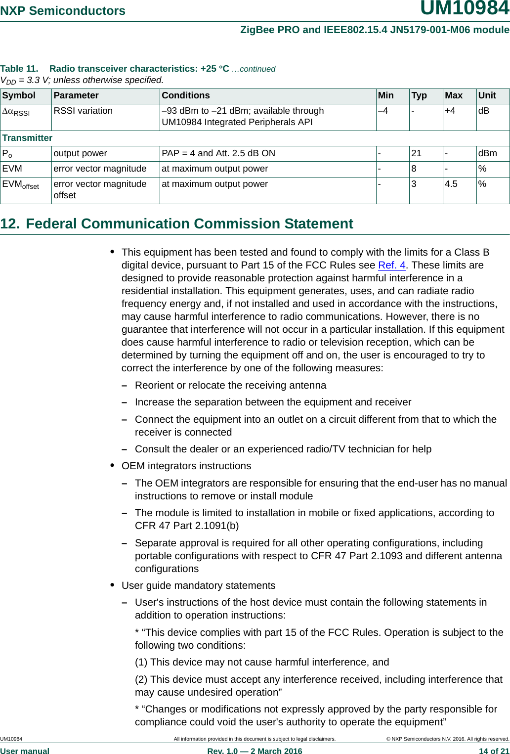 UM10984 All information provided in this document is subject to legal disclaimers. © NXP Semiconductors N.V. 2016. All rights reserved.User manual Rev. 1.0 — 2 March 2016  14 of 21NXP Semiconductors UM10984ZigBee PRO and IEEE802.15.4 JN5179-001-M06 module12. Federal Communication Commission Statement•This equipment has been tested and found to comply with the limits for a Class B digital device, pursuant to Part 15 of the FCC Rules see Ref. 4. These limits are designed to provide reasonable protection against harmful interference in a residential installation. This equipment generates, uses, and can radiate radio frequency energy and, if not installed and used in accordance with the instructions, may cause harmful interference to radio communications. However, there is no guarantee that interference will not occur in a particular installation. If this equipment does cause harmful interference to radio or television reception, which can be determined by turning the equipment off and on, the user is encouraged to try to correct the interference by one of the following measures:–Reorient or relocate the receiving antenna–Increase the separation between the equipment and receiver–Connect the equipment into an outlet on a circuit different from that to which the receiver is connected–Consult the dealer or an experienced radio/TV technician for help•OEM integrators instructions–The OEM integrators are responsible for ensuring that the end-user has no manual instructions to remove or install module–The module is limited to installation in mobile or fixed applications, according to CFR 47 Part 2.1091(b)–Separate approval is required for all other operating configurations, including portable configurations with respect to CFR 47 Part 2.1093 and different antenna configurations•User guide mandatory statements–User&apos;s instructions of the host device must contain the following statements in addition to operation instructions:* “This device complies with part 15 of the FCC Rules. Operation is subject to the following two conditions:(1) This device may not cause harmful interference, and(2) This device must accept any interference received, including interference that may cause undesired operation”* “Changes or modifications not expressly approved by the party responsible for compliance could void the user&apos;s authority to operate the equipment”RSSI RSSI variation 93 dBm to 21 dBm; available through UM10984 Integrated Peripherals API4- +4dBTransmitterPooutput power PAP = 4 and Att. 2.5 dB ON - 21 - dBmEVM error vector magnitude at maximum output power - 8 - %EVMoffset error vector magnitude offset at maximum output power - 3 4.5 %Table 11. Radio transceiver characteristics: +25 C …continuedVDD = 3.3 V; unless otherwise specified.Symbol Parameter Conditions Min Typ Max Unit