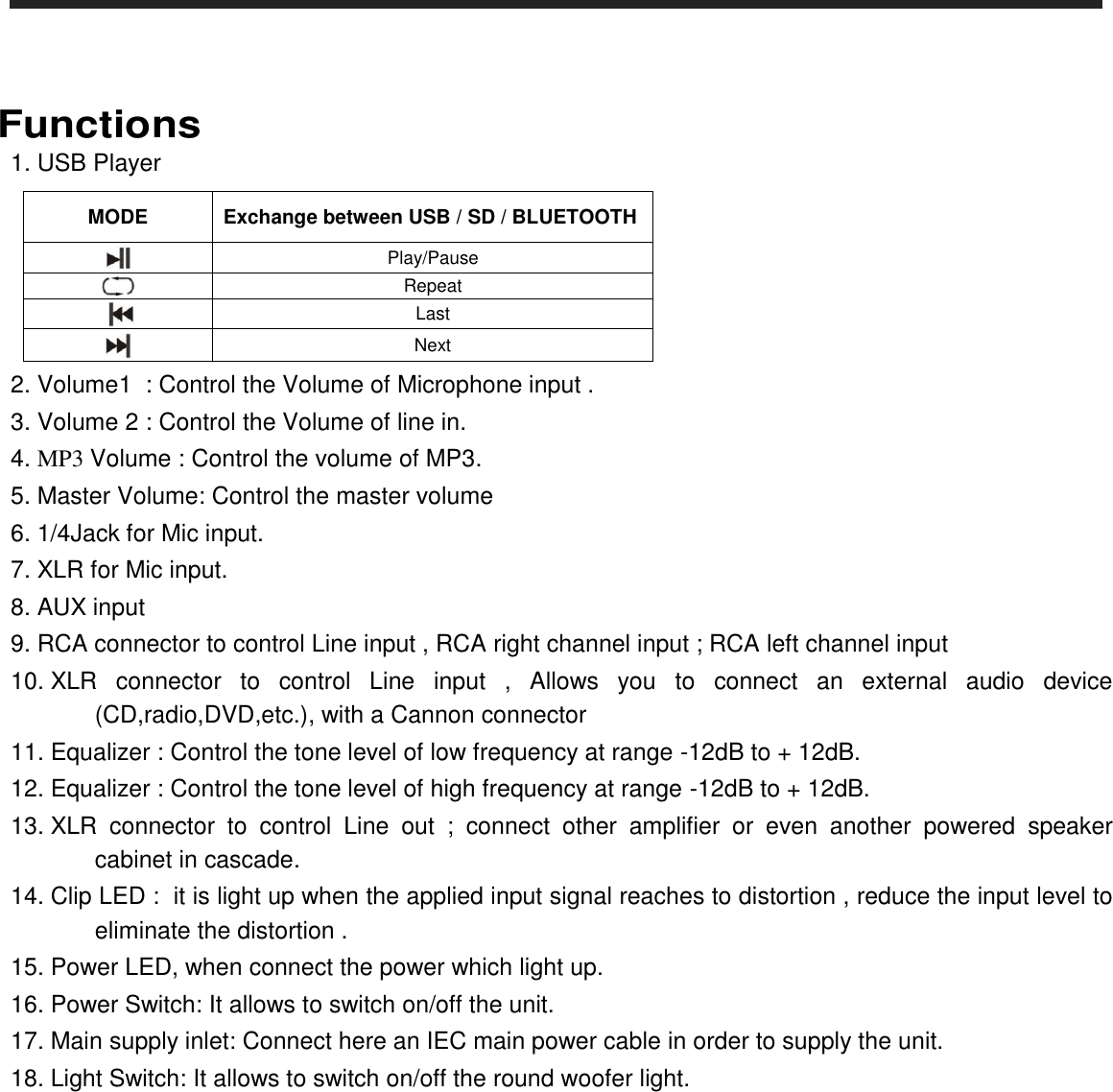   Functions  1. USB Player      2. Volume1  : Control the Volume of Microphone input . 3. Volume 2 : Control the Volume of line in. 4. MP3 Volume : Control the volume of MP3.  5. Master Volume: Control the master volume  6. 1/4Jack for Mic input. 7. XLR for Mic input. 8. AUX input 9. RCA connector to control Line input , RCA right channel input ; RCA left channel input 10. XLR  connector  to  control  Line  input  ,  Allows  you  to  connect  an  external  audio  device (CD,radio,DVD,etc.), with a Cannon connector  11. Equalizer : Control the tone level of low frequency at range -12dB to + 12dB. 12. Equalizer : Control the tone level of high frequency at range -12dB to + 12dB. 13. XLR  connector  to  control  Line  out  ;  connect  other  amplifier  or  even  another  powered  speaker cabinet in cascade.  14. Clip LED :  it is light up when the applied input signal reaches to distortion , reduce the input level to eliminate the distortion . 15. Power LED, when connect the power which light up.   16. Power Switch: It allows to switch on/off the unit. 17. Main supply inlet: Connect here an IEC main power cable in order to supply the unit. 18. Light Switch: It allows to switch on/off the round woofer light.       MODE Exchange between USB / SD / BLUETOOTH  Play/Pause  Repeat     Last    Next 