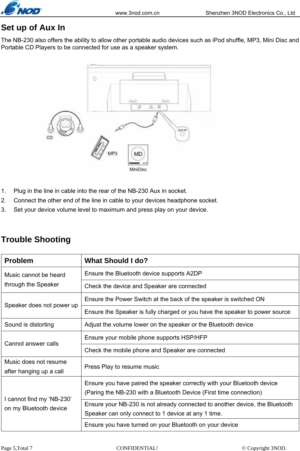                            www.3nod.com.cn                  Shenzhen 3NOD Electronics Co., Ltd Page 5,Total 7                               CONFIDENTIAL!                               © Copyright 3NOD. Set up of Aux In The NB-230 also offers the ability to allow other portable audio devices such as iPod shuffle, MP3, Mini Disc and Portable CD Players to be connected for use as a speaker system.   1.  Plug in the line in cable into the rear of the NB-230 Aux in socket.   2.  Connect the other end of the line in cable to your devices headphone socket. 3.  Set your device volume level to maximum and press play on your device.  Trouble Shooting Problem  What Should I do? Ensure the Bluetooth device supports A2DP Music cannot be heard through the Speaker  Check the device and Speaker are connected Ensure the Power Switch at the back of the speaker is switched ON Speaker does not power upEnsure the Speaker is fully charged or you have the speaker to power source Sound is distorting  Adjust the volume lower on the speaker or the Bluetooth device Ensure your mobile phone supports HSP/HFP Cannot answer calls Check the mobile phone and Speaker are connected Music does not resume after hanging up a call  Press Play to resume music Ensure you have paired the speaker correctly with your Bluetooth device (Paring the NB-230 with a Bluetooth Device (First time connection) Ensure your NB-230 is not already connected to another device, the Bluetooth Speaker can only connect to 1 device at any 1 time. I cannot find my ‘NB-230’ on my Bluetooth device Ensure you have turned on your Bluetooth on your device 