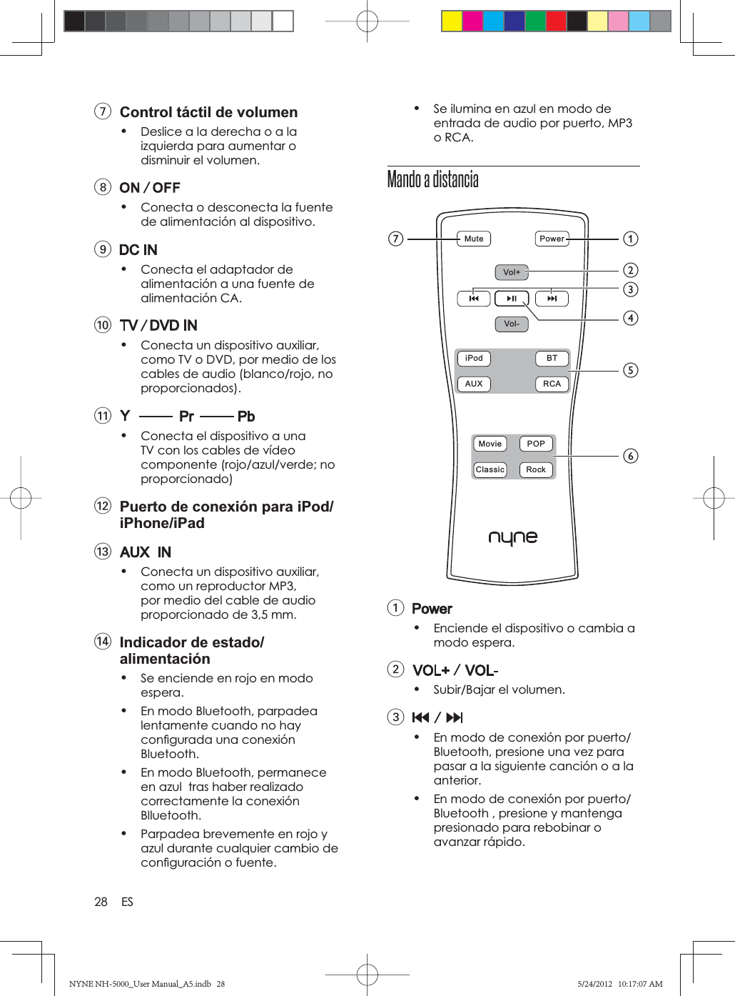 28 ES7  Control táctil de volumen•Deslice a la derecha o a la izquierda para aumentar o disminuir el volumen.8•Conecta o desconecta la fuente de alimentación al dispositivo.9•Conecta el adaptador de alimentación a una fuente de alimentación CA.0•Conecta un dispositivo auxiliar, como TV o DVD, por medio de los cables de audio (blanco/rojo, no proporcionados).!•Conecta el dispositivo a una TV con los cables de vídeo componente (rojo/azul/verde; no proporcionado)@  Puerto de conexión para iPod/iPhone/iPad#•Conecta un dispositivo auxiliar, como un reproductor MP3, por medio del cable de audio proporcionado de 3,5 mm.$  Indicador de estado/alimentación•Se enciende en rojo en modo espera.•En modo Bluetooth, parpadea lentamente cuando no hay conﬁ gurada una conexión Bluetooth.•En modo Bluetooth, permanece en azul  tras haber realizado correctamente la conexión Blluetooth.•Parpadea brevemente en rojo y azul durante cualquier cambio de conﬁ guración o fuente.•Se ilumina en azul en modo de entrada de audio por puerto, MP3 o RCA.Mando a distancia1•Enciende el dispositivo o cambia a modo espera.2•Subir/Bajar el volumen.3•En modo de conexión por puerto/Bluetooth, presione una vez para pasar a la siguiente canción o a la anterior.•En modo de conexión por puerto/Bluetooth , presione y mantenga presionado para rebobinar o avanzar rápido.Mute  PowerVol+Vol-iPod  BTAUX  RCAMovie  POPClassic  RockagbefcdNYNE NH-5000_User Manual_A5.indb   28NYNE NH-5000_User Manual_A5.indb   285/24/2012   10:17:07 AM5/24/2012   10:17:07 AM