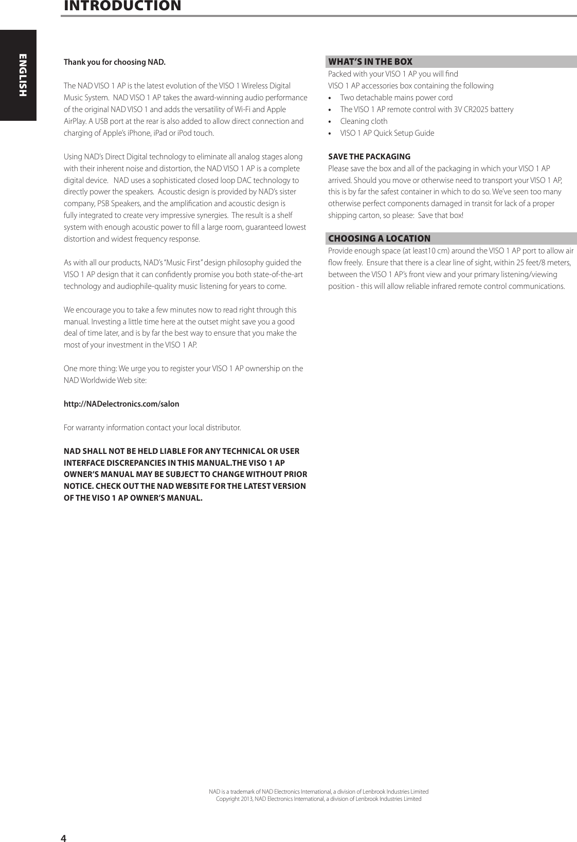 Page 4 of 12 - Nad-Electronics Nad-Electronics-Viso-1-Ap-Airplay-Music-System-Owner-S-Manual