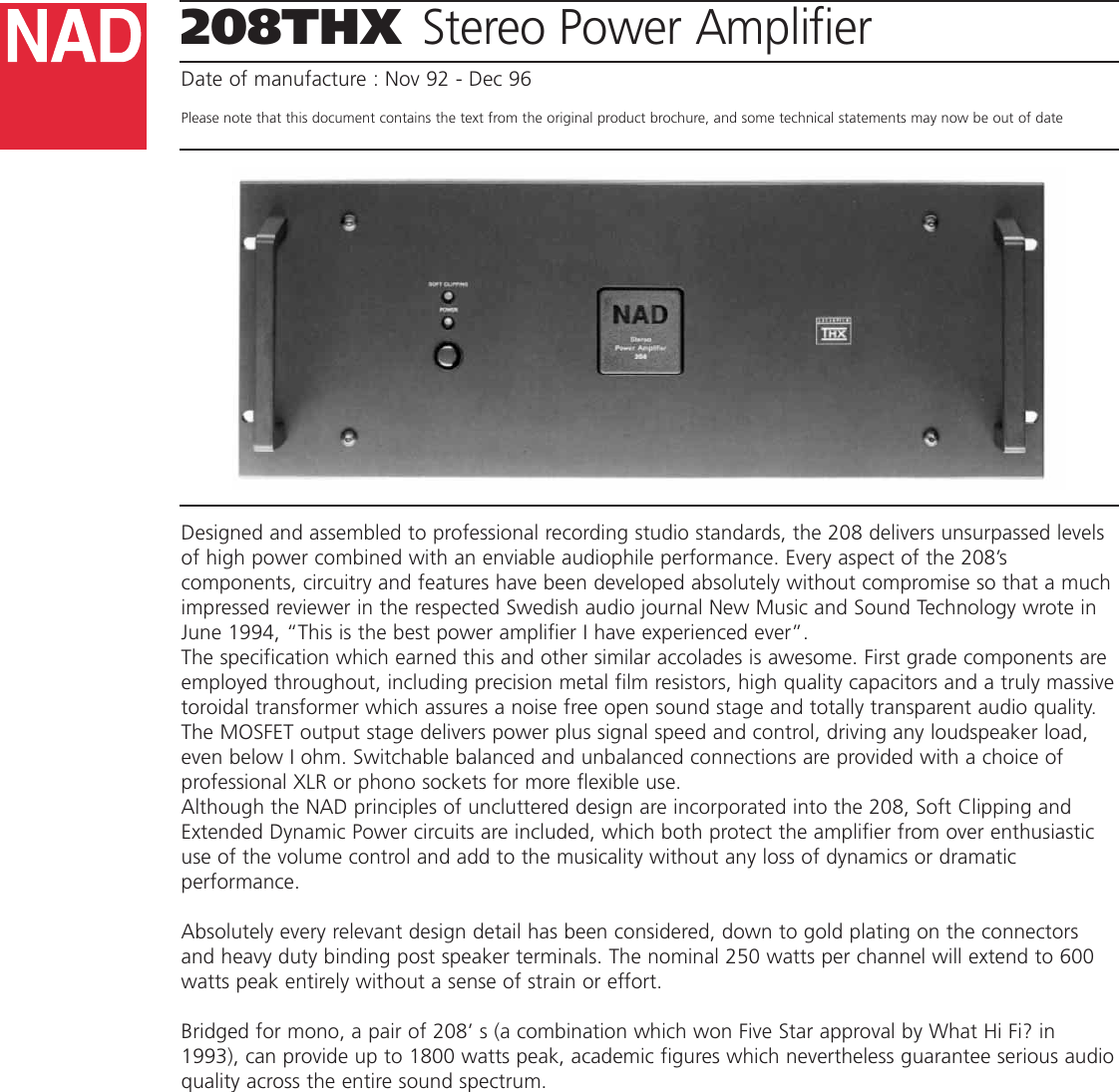Page 1 of 2 - Nad Nad-208Thx-Users-Manual- 208 Nad-208thx-users-manual