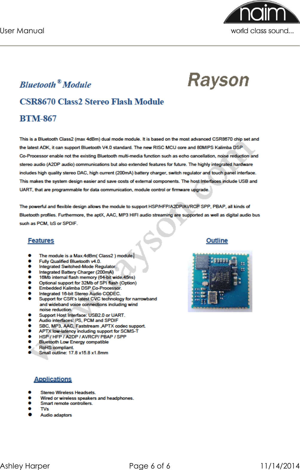 User Manual      Ashley Harper  Page 6 of 6  11/14/2014   