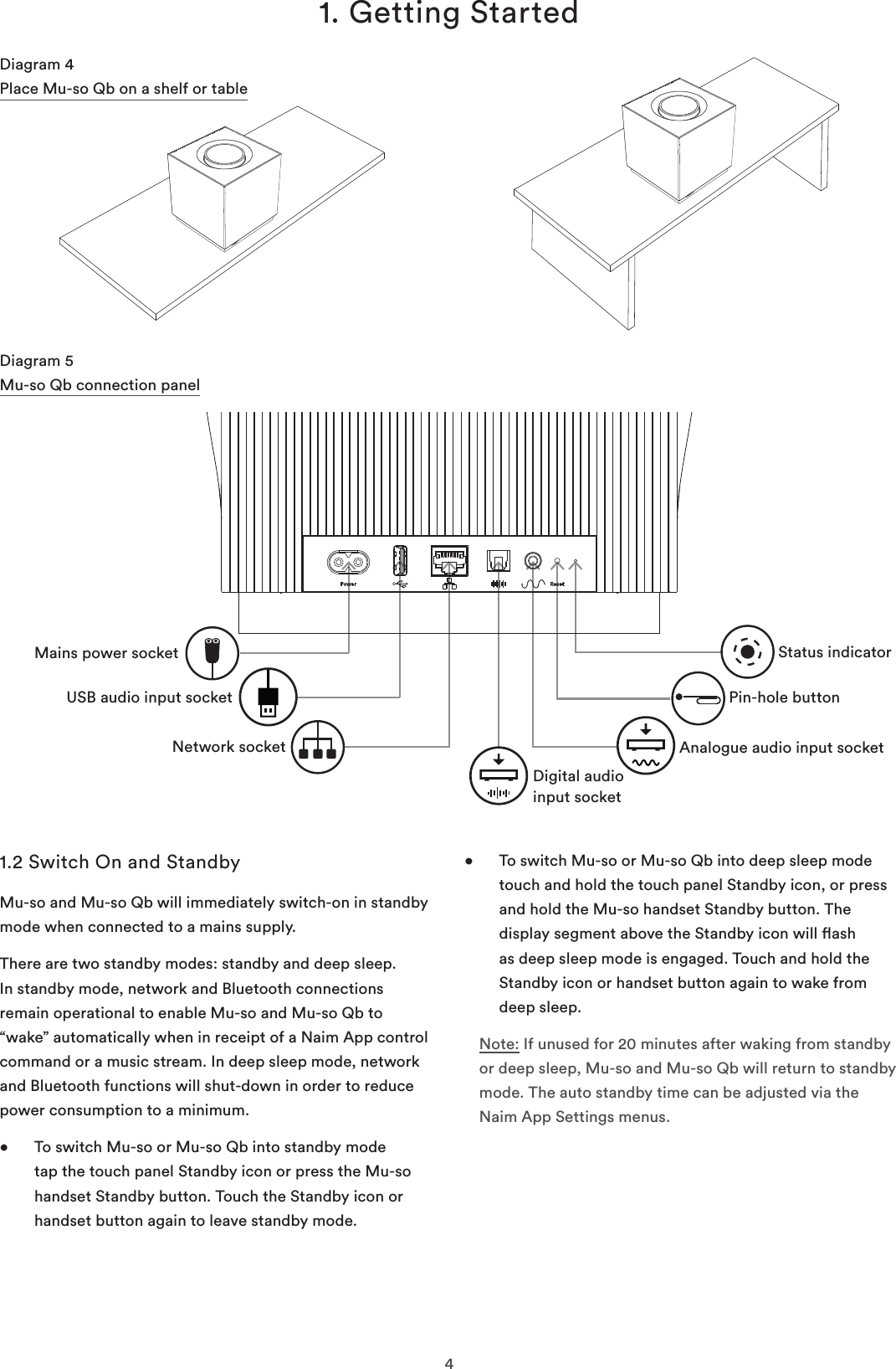41. Getting StartedDiagram 4 Place Mu-so Qb on a shelf or tableDiagram 5 Mu-so Qb connection panel Network socketPin-hole buttonStatus indicatorUSB audio input socketAnalogue audio input socketDigital audio input socketMains power socket1.2 Switch On and StandbyMu-so and Mu-so Qb will immediately switch-on in standby mode when connected to a mains supply.There are two standby modes: standby and deep sleep. In standby mode, network and Bluetooth connections remain operational to enable Mu-so and Mu-so Qb to “wake” automatically when in receipt of a Naim App control command or a music stream. In deep sleep mode, network and Bluetooth functions will shut-down in order to reduce power consumption to a minimum. •   To switch Mu-so or Mu-so Qb into standby mode tap the touch panel Standby icon or press the Mu-so handset Standby button. Touch the Standby icon or handset button again to leave standby mode.•   To switch Mu-so or Mu-so Qb into deep sleep mode touch and hold the touch panel Standby icon, or press and hold the Mu-so handset Standby button. The display segment above the Standby icon will ash as deep sleep mode is engaged. Touch and hold the Standby icon or handset button again to wake from deep sleep.Note: If unused for 20 minutes after waking from standby or deep sleep, Mu-so and Mu-so Qb will return to standby mode. The auto standby time can be adjusted via the Naim App Settings menus.