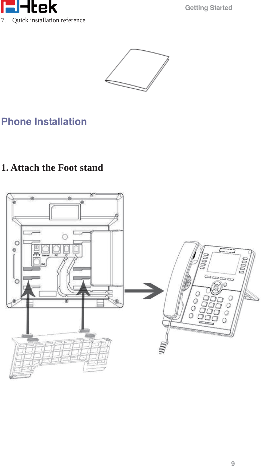                                                 Getting Started 9 7. Quick installation reference      Phone Installation  1. Attach the Foot stand  
