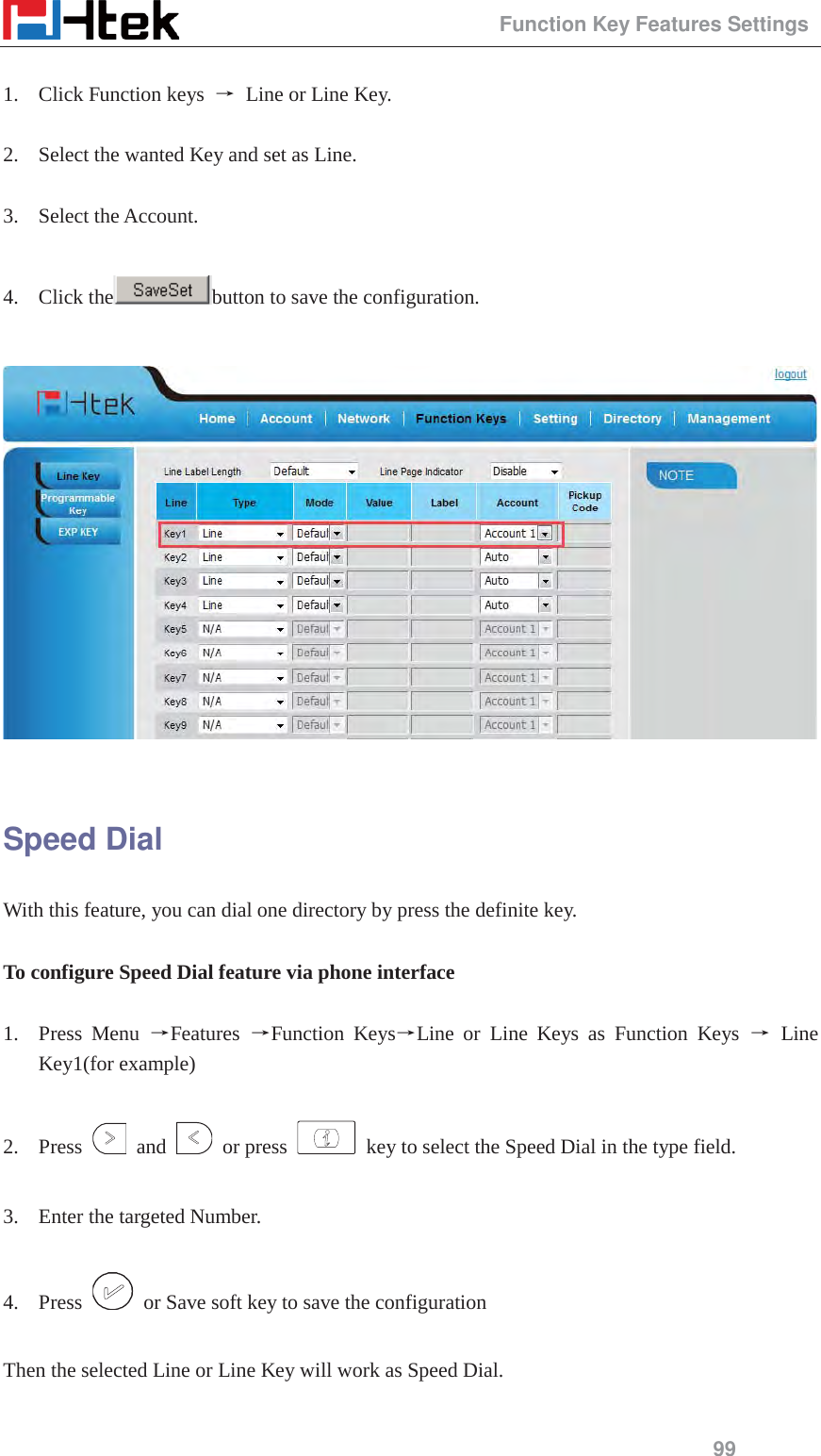                                                 Function Key Features Settings 99  1. Click Function keys  ė Line or Line Key.  2. Select the wanted Key and set as Line.  3. Select the Account.  4. Click the button to save the configuration.    Speed Dial With this feature, you can dial one directory by press the definite key.      To configure Speed Dial feature via phone interface  1. Press Menu ėFeatures  ėFunction KeysėLine or Line Keys as Function Keys ė Line Key1(for example)  2. Press   and   or press   key to select the Speed Dial in the type field.  3. Enter the targeted Number.  4. Press    or Save soft key to save the configuration  Then the selected Line or Line Key will work as Speed Dial.  
