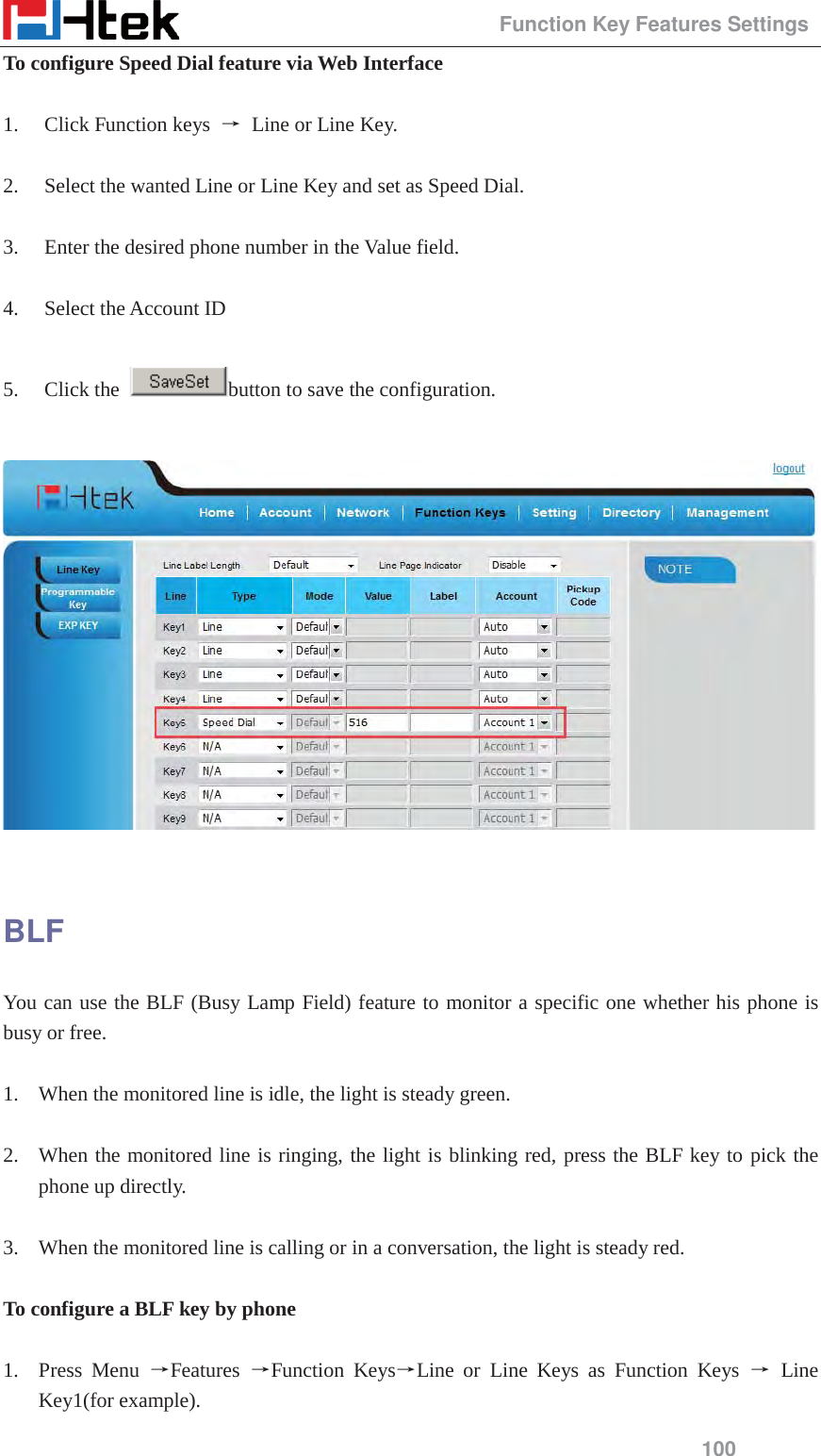                                                 Function Key Features Settings 100 To configure Speed Dial feature via Web Interface  1. Click Function keys  ė Line or Line Key.  2. Select the wanted Line or Line Key and set as Speed Dial.  3. Enter the desired phone number in the Value field.  4. Select the Account ID  5. Click the  button to save the configuration.    BLF You can use the BLF (Busy Lamp Field) feature to monitor a specific one whether his phone is busy or free.  1. When the monitored line is idle, the light is steady green.  2. When the monitored line is ringing, the light is blinking red, press the BLF key to pick the phone up directly.  3. When the monitored line is calling or in a conversation, the light is steady red.  To configure a BLF key by phone  1. Press Menu ėFeatures  ėFunction KeysėLine or Line Keys as Function Keys ė Line Key1(for example). 