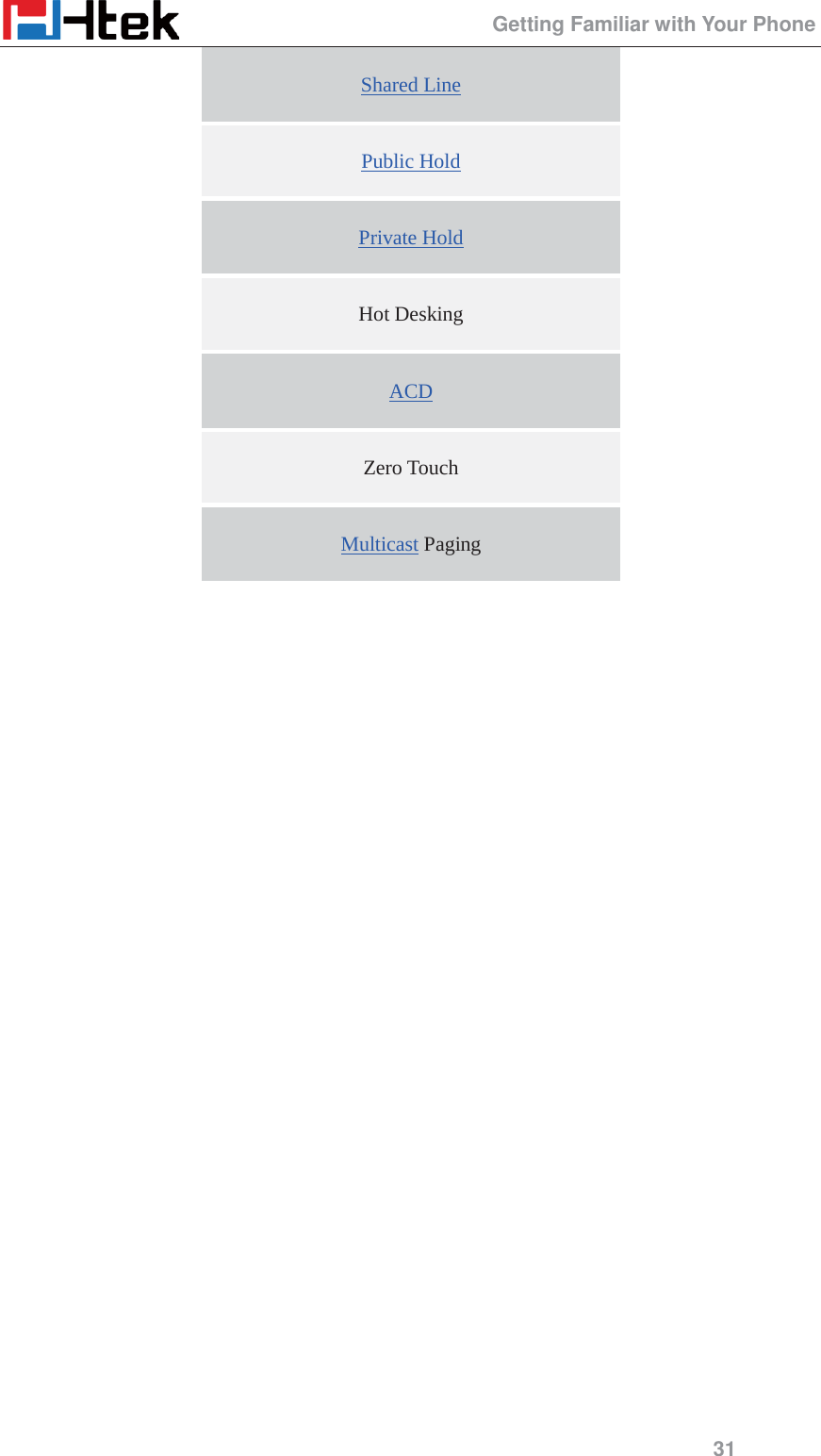                                                 Getting Familiar with Your Phone 31 Shared Line Public Hold Private Hold Hot Desking ACD Zero Touch Multicast Paging  