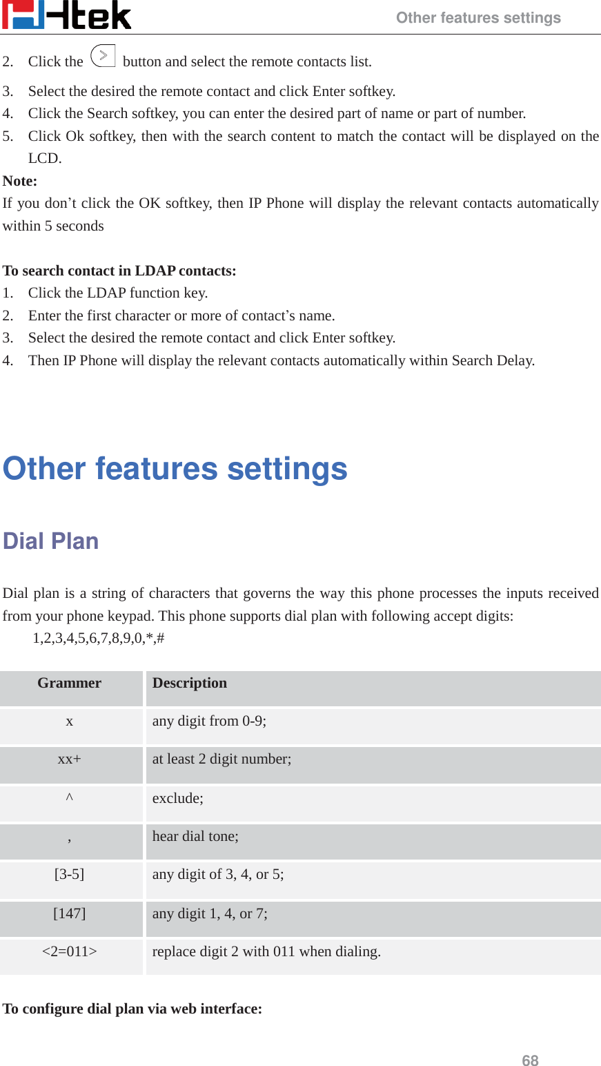                                                 Other features settings 68 2. Click the    button and select the remote contacts list. 3. Select the desired the remote contact and click Enter softkey. 4. Click the Search softkey, you can enter the desired part of name or part of number. 5. Click Ok softkey, then with the search content to match the contact will be displayed on the LCD. Note: If you don&rsquo;t click the OK softkey, then IP Phone will display the relevant contacts automatically within 5 seconds  To search contact in LDAP contacts: 1. Click the LDAP function key. 2. Enter the first character or more of contact&rsquo;s name. 3. Select the desired the remote contact and click Enter softkey. 4. Then IP Phone will display the relevant contacts automatically within Search Delay.   Other features settings Dial Plan Dial plan is a string of characters that governs the way this phone processes the inputs received from your phone keypad. This phone supports dial plan with following accept digits:     1,2,3,4,5,6,7,8,9,0,*,#  Grammer Description x any digit from 0-9; xx+ at least 2 digit number; ^ exclude; , hear dial tone; [3-5] any digit of 3, 4, or 5; [147] any digit 1, 4, or 7; <2=011> replace digit 2 with 011 when dialing.   To configure dial plan via web interface:  