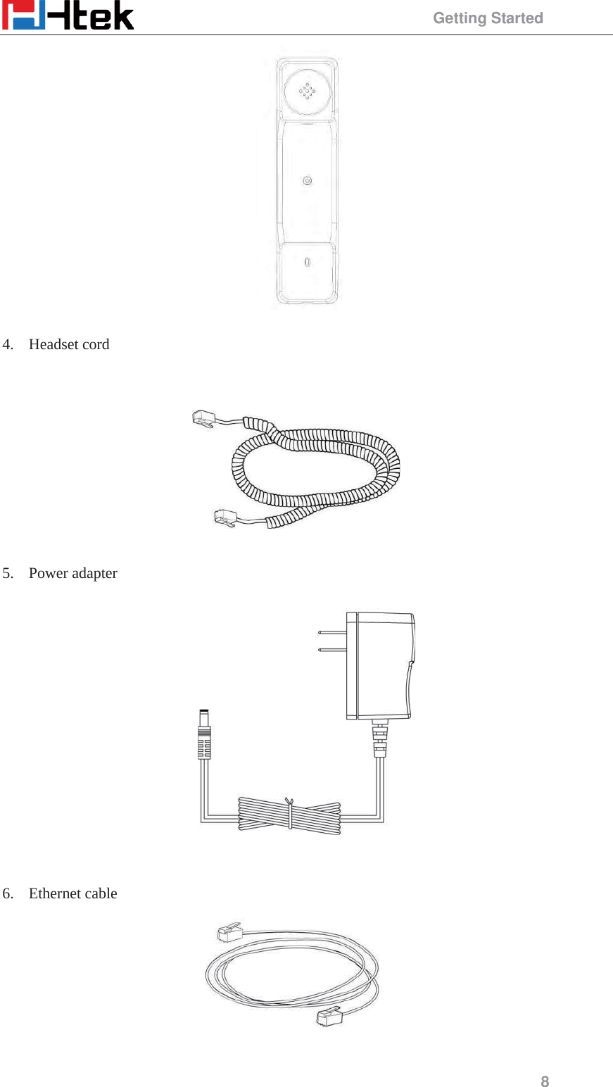                                                 Getting Started 8  4. Headset cord      5. Power adapter     6. Ethernet cable   