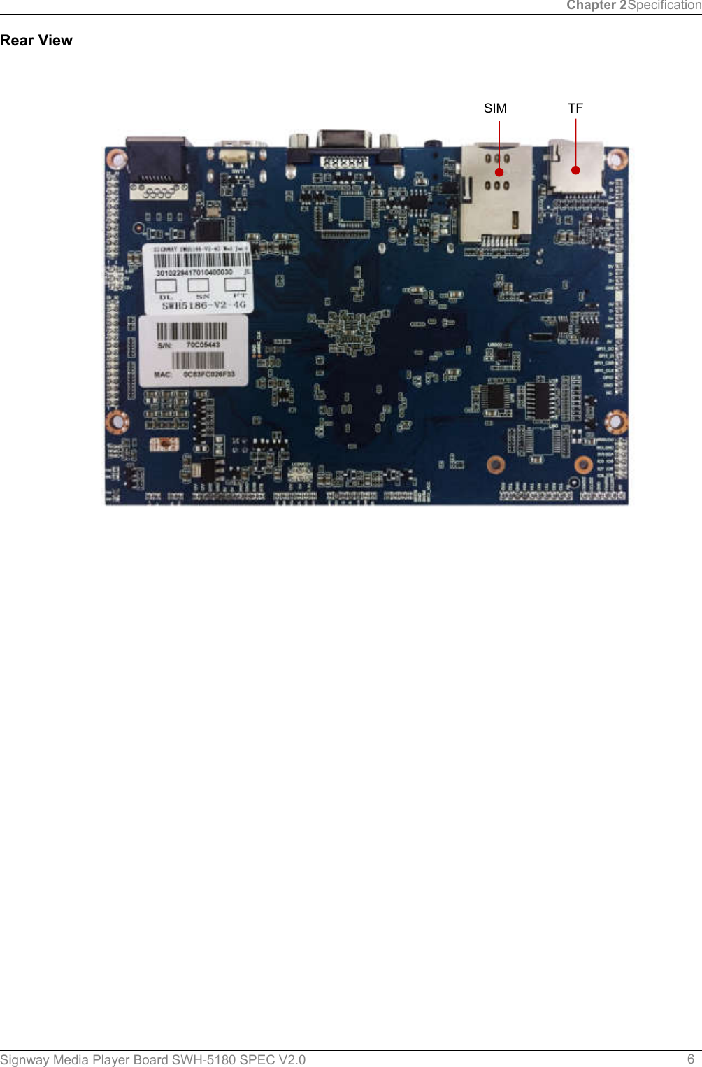 Chapter 2SpecificationSignway Media Player Board SWH-5180 SPEC V2.0 6Rear ViewTFSIM