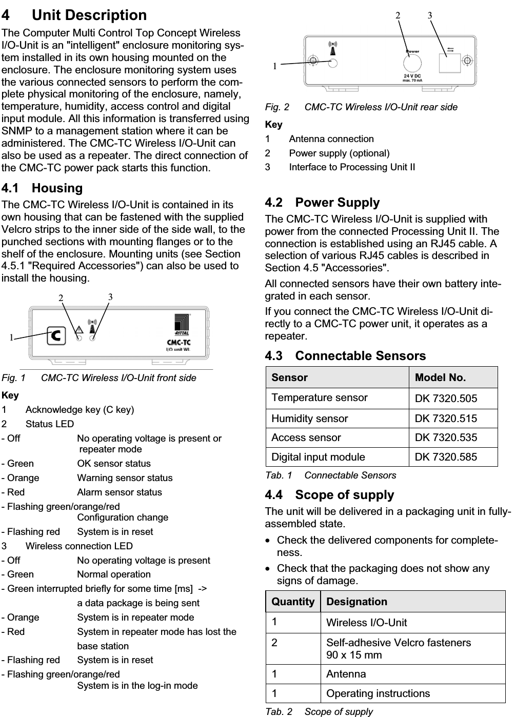 Unit Description 4EN4 Unit DescriptionThe Computer Multi Control Top Concept WirelessI/O-Unit is an &quot;intelligent&quot; enclosure monitoring sys-tem installed in its own housing mounted on the enclosure. The enclosure monitoring system usesthe various connected sensors to perform the com-plete physical monitoring of the enclosure, namely, temperature, humidity, access control and digital input module. All this information is transferred usingSNMP to a management station where it can be administered. The CMC-TC Wireless I/O-Unit can also be used as a repeater. The direct connection of the CMC-TC power pack starts this function. 4.1 Housing The CMC-TC Wireless I/O-Unit is contained in its own housing that can be fastened with the suppliedVelcro strips to the inner side of the side wall, to the punched sections with mounting flanges or to the shelf of the enclosure. Mounting units (see Section4.5.1 &quot;Required Accessories&quot;) can also be used to install the housing.123Fig. 1  CMC-TC Wireless I/O-Unit front side Key1 Acknowledge key (C key)2 Status LED- Off  No operating voltage is present or  repeater mode - Green OK sensor status - Orange Warning sensor status - Red Alarm sensor status - Flashing green/orange/redConfiguration change- Flashing red System is in reset3 Wireless connection LED- Off  No operating voltage is present- Green Normal operation- Green interrupted briefly for some time [ms]  -&gt;a data package is being sent- Orange System is in repeater mode- Red System in repeater mode has lost the base station- Flashing red System is in reset- Flashing green/orange/redSystem is in the log-in mode12 3 Fig. 2  CMC-TC Wireless I/O-Unit rear side Key1 Antenna connection2 Power supply (optional)3 Interface to Processing Unit II 4.2 Power SupplyThe CMC-TC Wireless I/O-Unit is supplied with power from the connected Processing Unit II. The connection is established using an RJ45 cable. A selection of various RJ45 cables is described in Section 4.5 &quot;Accessories&quot;.All connected sensors have their own battery inte-grated in each sensor.If you connect the CMC-TC Wireless I/O-Unit di-rectly to a CMC-TC power unit, it operates as a repeater.4.3 Connectable SensorsSensor Model No. Temperature sensor DK 7320.505Humidity sensor DK 7320.515Access sensor  DK 7320.535Digital input module DK 7320.585Tab. 1  Connectable Sensors4.4 Scope of supplyThe unit will be delivered in a packaging unit in fully-assembled state.•  Check the delivered components for complete-ness.•  Check that the packaging does not show any signs of damage.Quantity Designation1Wireless I/O-Unit 2 Self-adhesive Velcro fasteners90 x 15 mm 1 Antenna1 Operating instructionsTab. 2  Scope of supply