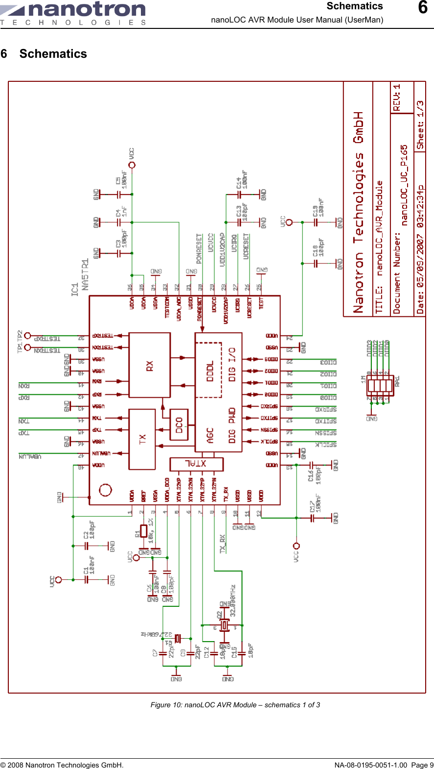 SchematicsnanoLOC AVR Module User Manual (UserMan)© 2008 Nanotron Technologies GmbH. NA-08-0195-0051-1.00  Page 966 SchematicsFigure 10: nanoLOC AVR Module – schematics 1 of 3