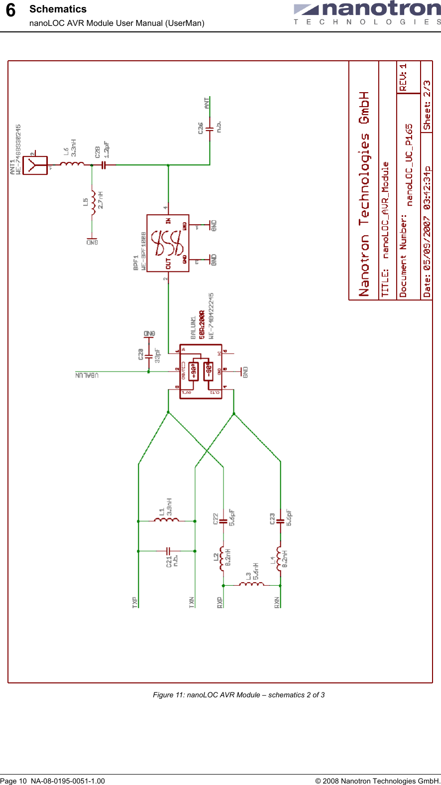 SchematicsnanoLOC AVR Module User Manual (UserMan)Page 10  NA-08-0195-0051-1.00 © 2008 Nanotron Technologies GmbH.6Figure 11: nanoLOC AVR Module – schematics 2 of 3
