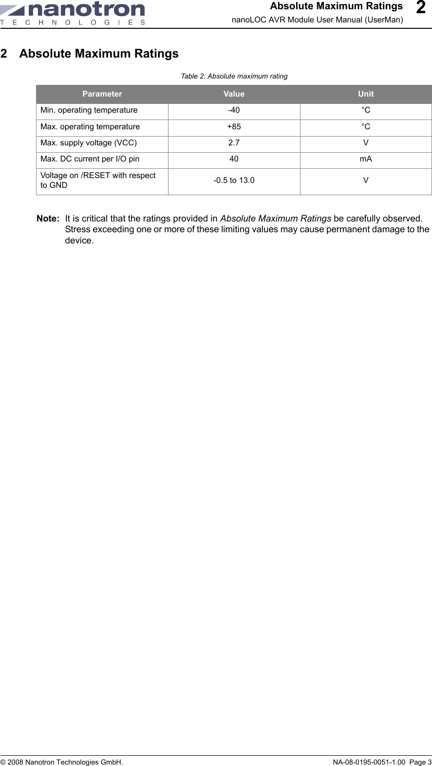 Absolute Maximum RatingsnanoLOC AVR Module User Manual (UserMan)© 2008 Nanotron Technologies GmbH. NA-08-0195-0051-1.00  Page 322 Absolute Maximum RatingsNote: It is critical that the ratings provided in Absolute Maximum Ratings be carefully observed. Stress exceeding one or more of these limiting values may cause permanent damage to the device.Table 2: Absolute maximum ratingParameter Value UnitMin. operating temperature -40 °CMax. operating temperature +85 °CMax. supply voltage (VCC) 2.7 VMax. DC current per I/O pin  40 mAVoltage on /RESET with respect to GND -0.5 to 13.0 V