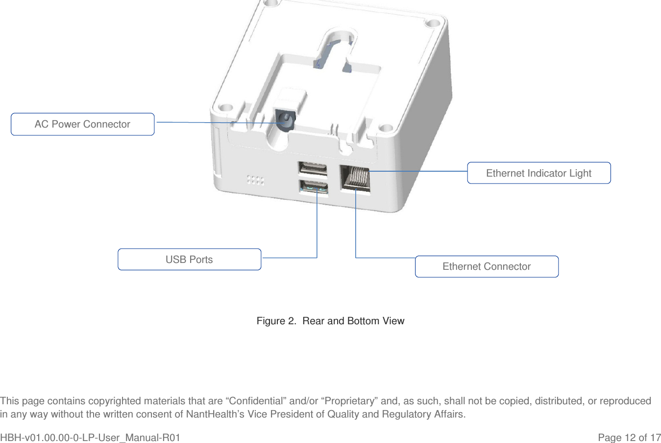  This page contains copyrighted materials that are “Confidential” and/or “Proprietary” and, as such, shall not be copied, distributed, or reproduced in any way without the written consent of NantHealth’s Vice President of Quality and Regulatory Affairs. HBH-v01.00.00-0-LP-User_Manual-R01   Page 12 of 17             Figure 2.  Rear and Bottom View    AC Power Connector Ethernet Connector USB Ports Ethernet Indicator Light 