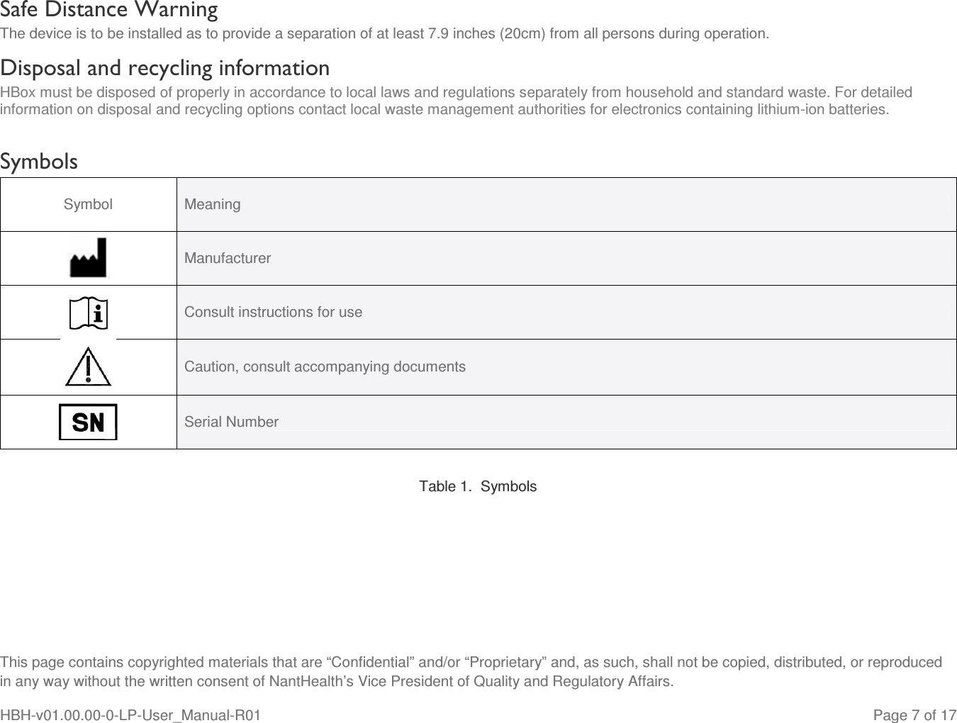  This page contains copyrighted materials that are “Confidential” and/or “Proprietary” and, as such, shall not be copied, distributed, or reproduced in any way without the written consent of NantHealth’s Vice President of Quality and Regulatory Affairs. HBH-v01.00.00-0-LP-User_Manual-R01   Page 7 of 17 Safe Distance Warning  The device is to be installed as to provide a separation of at least 7.9 inches (20cm) from all persons during operation. Disposal and recycling information HBox must be disposed of properly in accordance to local laws and regulations separately from household and standard waste. For detailed information on disposal and recycling options contact local waste management authorities for electronics containing lithium-ion batteries.    Symbols Symbol  Meaning  Manufacturer   Consult instructions for use  Caution, consult accompanying documents  Serial Number  Table 1.  Symbols    
