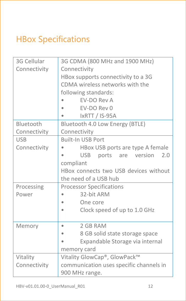HBV-v01.01.00-0_UserManual_R01                                                          12    Page 12 of 18  HBox Specifications  3G Cellular Connectivity 3G CDMA (800 MHz and 1900 MHz) Connectivity HBox supports connectivity to a 3G CDMA wireless networks with the following standards:  • EV-DO Rev A  • EV-DO Rev 0  •  IxRTT / IS-95A Bluetooth Connectivity Bluetooth 4.0 Low Energy (BTLE) Connectivity USB Connectivity Built-In USB Port •  HBox USB ports are type A female •  USB  ports  are  version  2.0 compliant HBox  connects  two  USB  devices  without the need of a USB hub Processing Power Processor Specifications • 32-bit ARM •  One core •  Clock speed of up to 1.0 GHz  Memory •  2 GB RAM •  8 GB solid state storage space •  Expandable Storage via internal memory card Vitality Connectivity Vitality GlowCap®, GlowPack™ communication uses specific channels in 900 MHz range. 