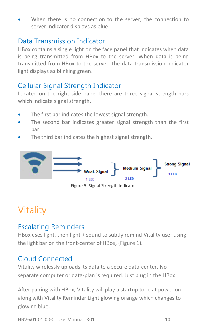 HBV-v01.01.00-0_UserManual_R01                                                          10    Page 10 of 17  When  there  is  no  connection  to  the  server,  the  connection  to server indicator displays as blue Data Transmission Indicator HBox contains a single light on the face panel that indicates when data is  being  transmitted  from  HBox  to  the  server.  When  data  is  being transmitted from HBox to the server, the data  transmission indicator light displays as blinking green. Cellular Signal Strength Indicator Located  on  the  right  side  panel  there  are  three  signal  strength  bars which indicate signal strength.  The first bar indicates the lowest signal strength.  The  second  bar  indicates  greater  signal  strength  than  the  first bar.  The third bar indicates the highest signal strength.      Figure 5: Signal Strength Indicator Vitality Escalating Reminders HBox uses light, then light + sound to subtly remind Vitality user using the light bar on the front-center of HBox, (Figure 1). Cloud Connected Vitality wirelessly uploads its data to a secure data-center. No separate computer or data-plan is required. Just plug in the HBox. After pairing with HBox, Vitality will play a startup tone at power on along with Vitality Reminder Light glowing orange which changes to glowing blue. 