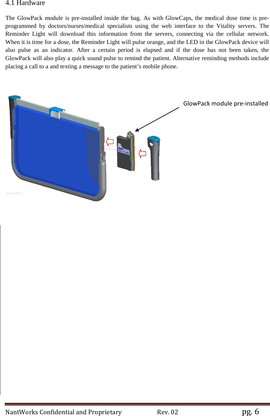 NantWorks Confidential and Proprietary                        Rev. 02                                           pg. 6 4.1 Hardware  The GlowPack module is pre-installed inside the bag. As with GlowCaps, the medical dose time is pre-programmed by doctors/nurses/medical specialists using the web interface to the Vitality servers. The Reminder Light will download this information from the servers, connecting via the cellular network. When it is time for a dose, the Reminder Light will pulse orange, and the LED in the GlowPack device will also pulse as an indicator.  After  a certain period is elapsed and if the dose has not been taken,  the GlowPack will also play a quick sound pulse to remind the patient. Alternative reminding methods include placing a call to a and texting a message to the patient’s mobile phone.                GlowPack module pre-installed 