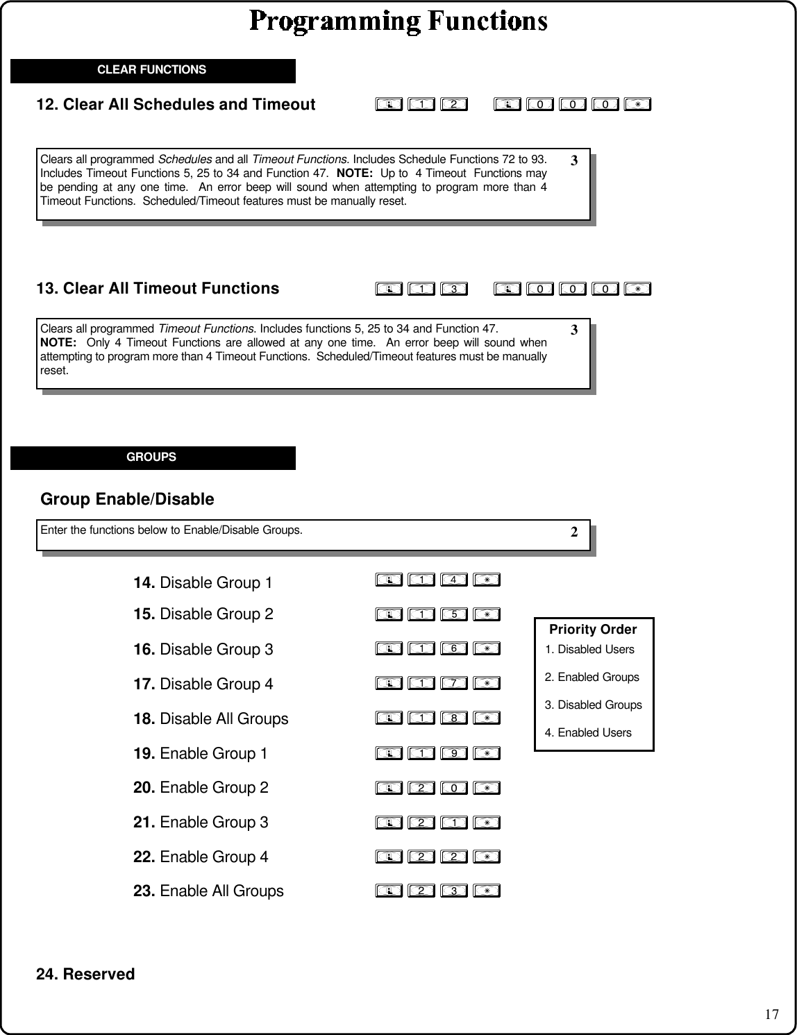 17; 1 2      ; 0 0 0 :12. Clear All Schedules and Timeout; 1 3      ; 0 0 0 :Clears all programmed Timeout Functions. Includes functions 5, 25 to 34 and Function 47.NOTE:  Only 4 Timeout Functions are allowed at any one time.  An error beep will sound whenattempting to program more than 4 Timeout Functions.  Scheduled/Timeout features must be manuallyreset.Clears all programmed Schedules and all Timeout Functions. Includes Schedule Functions 72 to 93.Includes Timeout Functions 5, 25 to 34 and Function 47.  NOTE:  Up to  4 Timeout  Functions maybe pending at any one time.  An error beep will sound when attempting to program more than 4Timeout Functions.  Scheduled/Timeout features must be manually reset. 3 313. Clear All Timeout FunctionsCLEAR FUNCTIONS; 1 4 :Group Enable/Disable; 1 5 :16. Disable Group 3 ; 1 6 :17. Disable Group 4 ; 1 7 :18. Disable All Groups ; 1 8 :19. Enable Group 1 ; 1 9 :20. Enable Group 2 ; 2 0 :21. Enable Group 3 ; 2 1 :22. Enable Group 4 ; 2 2 :23. Enable All Groups ; 2 3 :Enter the functions below to Enable/Disable Groups.14. Disable Group 115. Disable Group 2 2GROUPS24. Reserved  1. Disabled Users  2. Enabled Groups  3. Disabled Groups  4. Enabled UsersPriority Order