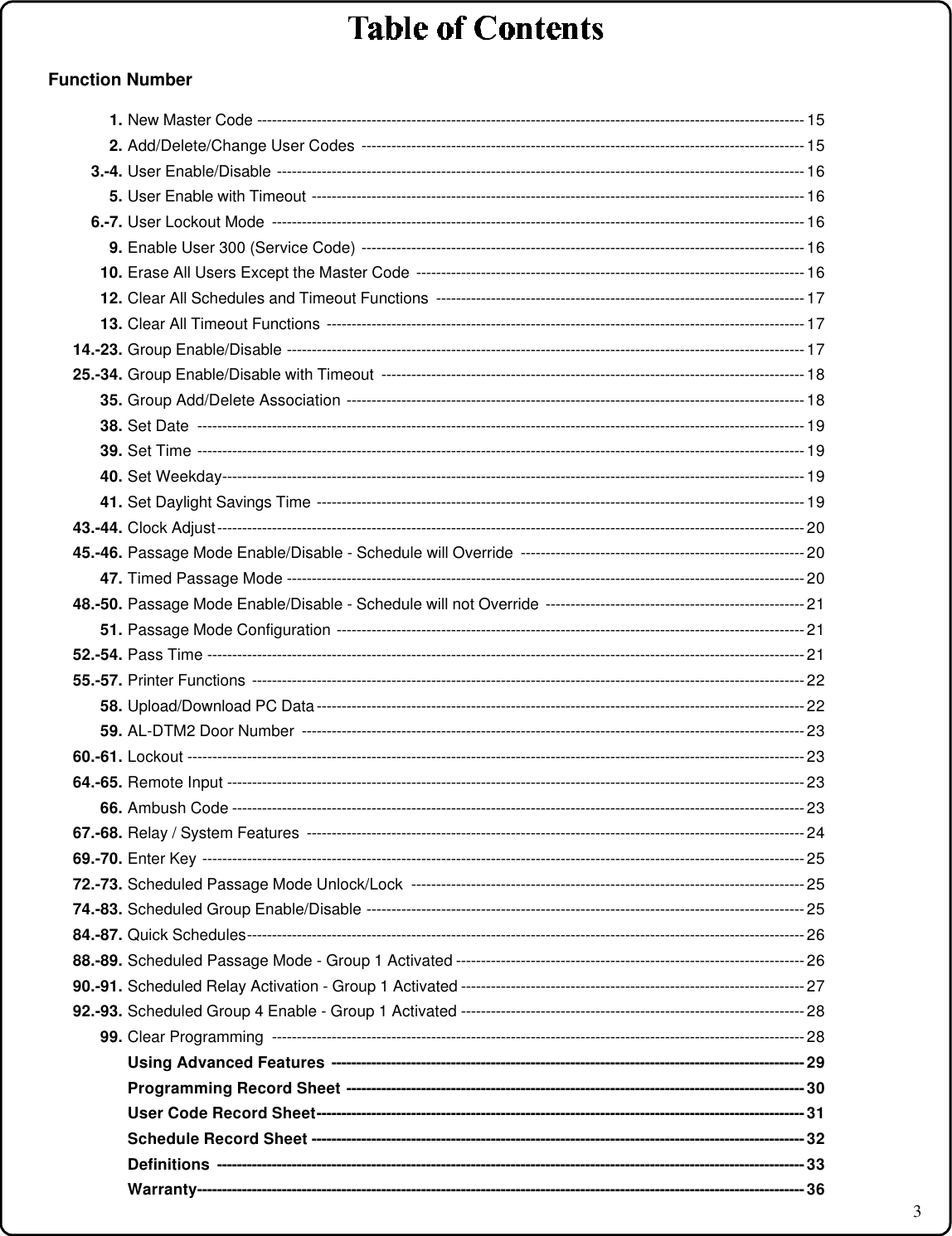 3Function Number1. New Master Code -------------------------------------------------------------------------------------------------------------- 152. Add/Delete/Change User Codes  ----------------------------------------------------------------------------------------- 153.-4. User Enable/Disable ---------------------------------------------------------------------------------------------------------- 165. User Enable with Timeout --------------------------------------------------------------------------------------------------- 166.-7. User Lockout Mode  ----------------------------------------------------------------------------------------------------------- 169. Enable User 300 (Service Code) ----------------------------------------------------------------------------------------- 1610. Erase All Users Except the Master Code  ------------------------------------------------------------------------------ 1612. Clear All Schedules and Timeout Functions  -------------------------------------------------------------------------- 1713. Clear All Timeout Functions  ------------------------------------------------------------------------------------------------ 1714.-23. Group Enable/Disable -------------------------------------------------------------------------------------------------------- 1725.-34. Group Enable/Disable with Timeout  ------------------------------------------------------------------------------------- 1835. Group Add/Delete Association -------------------------------------------------------------------------------------------- 1838. Set Date  -------------------------------------------------------------------------------------------------------------------------- 1939. Set Time -------------------------------------------------------------------------------------------------------------------------- 1940. Set Weekday--------------------------------------------------------------------------------------------------------------------- 1941. Set Daylight Savings Time -------------------------------------------------------------------------------------------------- 1943.-44. Clock Adjust---------------------------------------------------------------------------------------------------------------------- 2045.-46. Passage Mode Enable/Disable - Schedule will Override  --------------------------------------------------------- 2047. Timed Passage Mode -------------------------------------------------------------------------------------------------------- 2048.-50. Passage Mode Enable/Disable - Schedule will not Override  ---------------------------------------------------- 2151. Passage Mode Configuration ---------------------------------------------------------------------------------------------- 2152.-54. Pass Time ------------------------------------------------------------------------------------------------------------------------ 2155.-57. Printer Functions  --------------------------------------------------------------------------------------------------------------- 2258. Upload/Download PC Data -------------------------------------------------------------------------------------------------- 2259. AL-DTM2 Door Number  ----------------------------------------------------------------------------------------------------- 2360.-61. Lockout ---------------------------------------------------------------------------------------------------------------------------- 2364.-65. Remote Input -------------------------------------------------------------------------------------------------------------------- 2366. Ambush Code ------------------------------------------------------------------------------------------------------------------- 2367.-68. Relay / System Features  ---------------------------------------------------------------------------------------------------- 2469.-70. Enter Key ------------------------------------------------------------------------------------------------------------------------- 2572.-73. Scheduled Passage Mode Unlock/Lock  ------------------------------------------------------------------------------- 2574.-83. Scheduled Group Enable/Disable ---------------------------------------------------------------------------------------- 2584.-87. Quick Schedules---------------------------------------------------------------------------------------------------------------- 2688.-89. Scheduled Passage Mode - Group 1 Activated ---------------------------------------------------------------------- 2690.-91. Scheduled Relay Activation - Group 1 Activated --------------------------------------------------------------------- 2792.-93. Scheduled Group 4 Enable - Group 1 Activated --------------------------------------------------------------------- 2899. Clear Programming  ----------------------------------------------------------------------------------------------------------- 28Using Advanced Features -----------------------------------------------------------------------------------------------29Programming Record Sheet --------------------------------------------------------------------------------------------30User Code Record Sheet--------------------------------------------------------------------------------------------------31Schedule Record Sheet ---------------------------------------------------------------------------------------------------32Definitions  ----------------------------------------------------------------------------------------------------------------------33Warranty--------------------------------------------------------------------------------------------------------------------------36