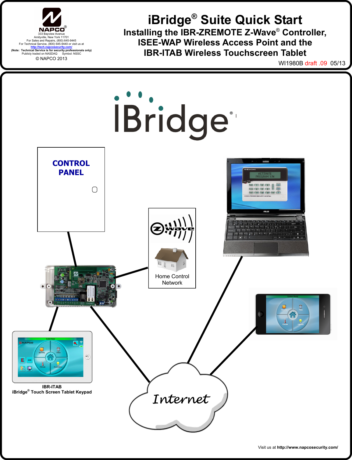 1  iBridge® Suite Quick Start Installing the IBR-ZREMOTE Z-Wave® Controller,  ISEE-WAP Wireless Access Point and the  IBR-ITAB Wireless Touchscreen Tablet  Internet  CONTROL  PANEL WI1980B draft .09  05/13 Home Control Network Visit us at http://www.napcosecurity.com/ IBR-ITAB  iBridge® Touch Screen Tablet Keypad  ® R333 Bayview Avenue Amityville, New York 11701 For Sales and Repairs, (800) 645-9445 For Technical Service, (800) 645-9440 or visit us at http://tech.napcosecurity.com/ (Note:  Technical Service is for security professionals only) Publicly traded on NASDAQ      Symbol: NSSC © NAPCO 2013 
