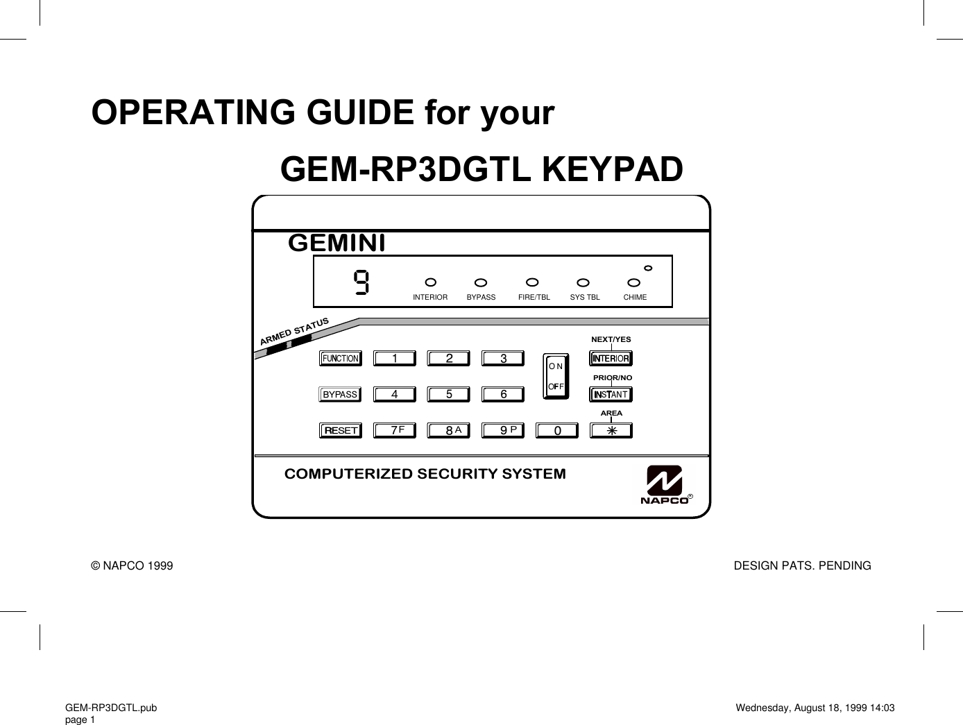 Napco Security Technologies Gem Rp3Dgtl Users Manual