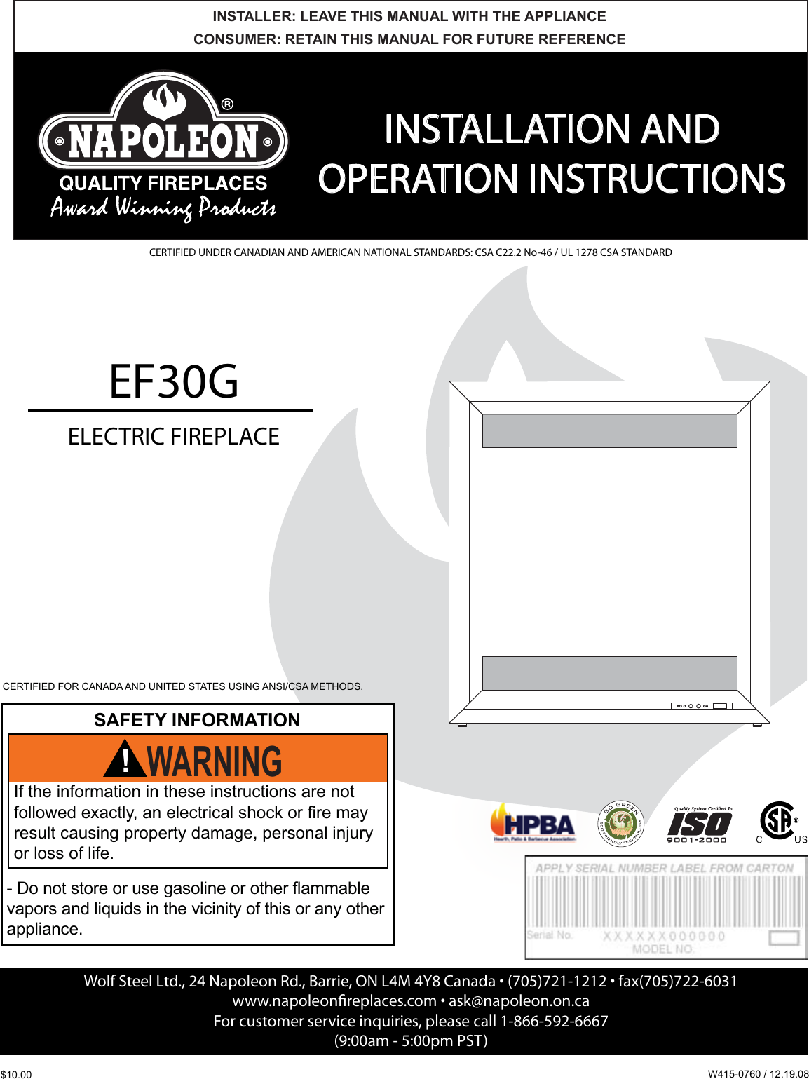 Napoleon Fireplaces Ef30G Users Manual