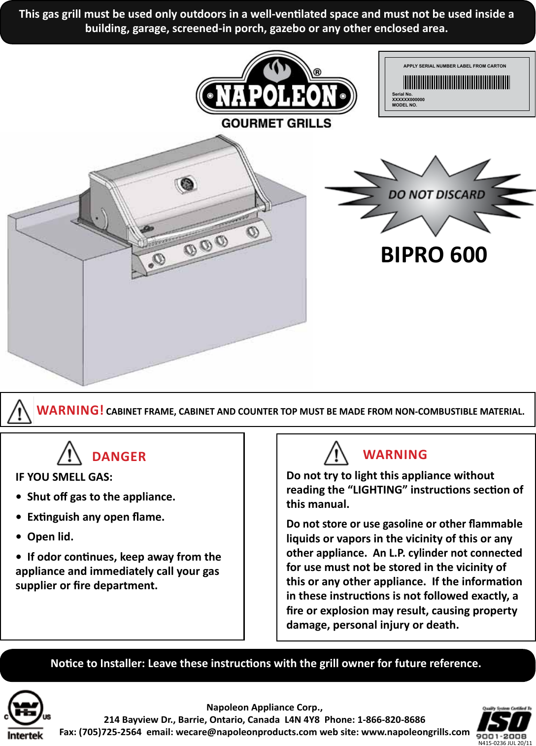 Napoleon Grills Bipro 600 Users Manual