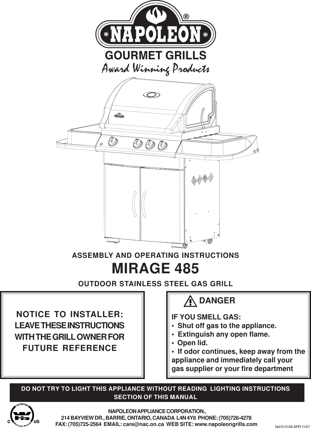 Napoleon Grills Mirage 485 Users Manual N4150106 apr0704