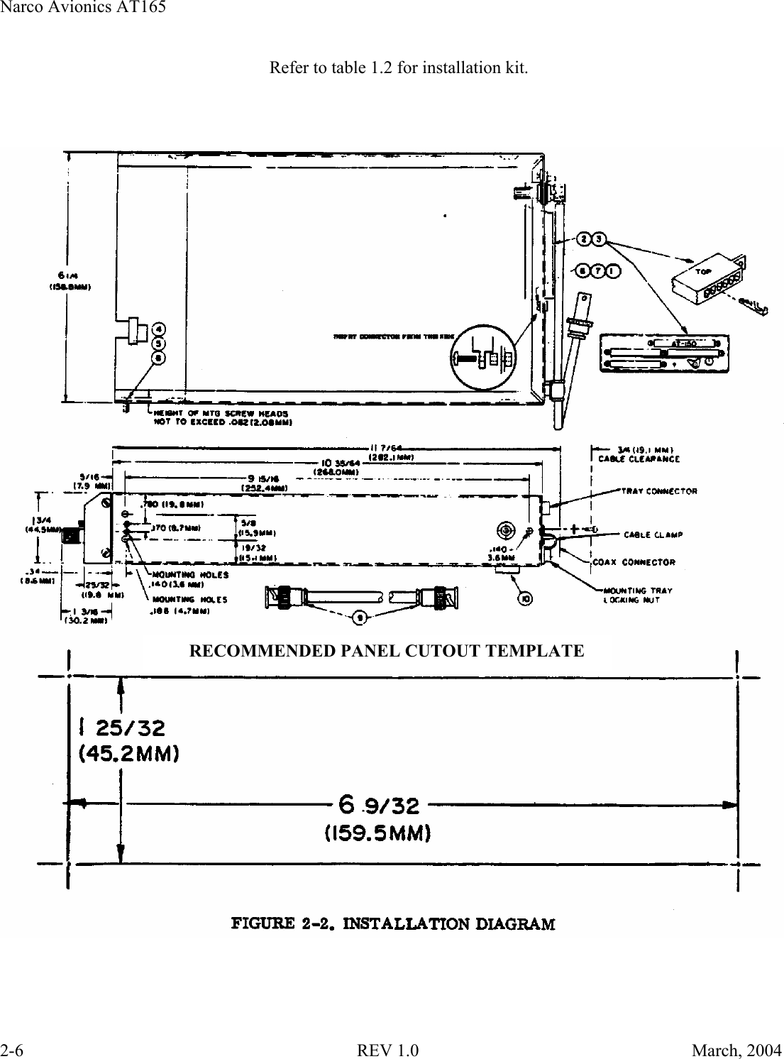 Narco Avionics AT165   2-6                                 REV 1.0    March, 2004 Refer to table 1.2 for installation kit.            RECOMMENDED PANEL CUTOUT TEMPLATE 