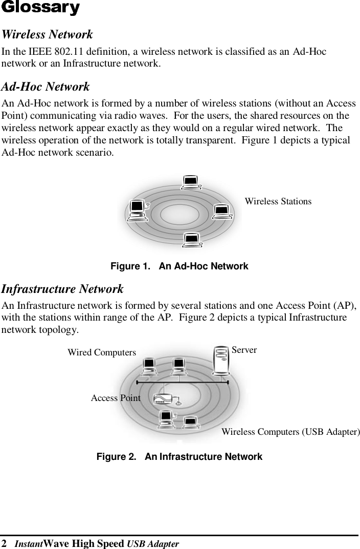 2   InstantWave High Speed USB AdapterWireless NetworkIn the IEEE 802.11 definition, a wireless network is classified as an Ad-Hocnetwork or an Infrastructure network.Ad-Hoc NetworkAn Ad-Hoc network is formed by a number of wireless stations (without an AccessPoint) communicating via radio waves.  For the users, the shared resources on thewireless network appear exactly as they would on a regular wired network.  Thewireless operation of the network is totally transparent.  Figure 1 depicts a typicalAd-Hoc network scenario.Figure 1.   An Ad-Hoc NetworkInfrastructure NetworkAn Infrastructure network is formed by several stations and one Access Point (AP),with the stations within range of the AP.  Figure 2 depicts a typical Infrastructurenetwork topology.Figure 2.   An Infrastructure NetworkServerWired ComputersAccess PointWireless Computers (USB Adapter)Wireless Stations