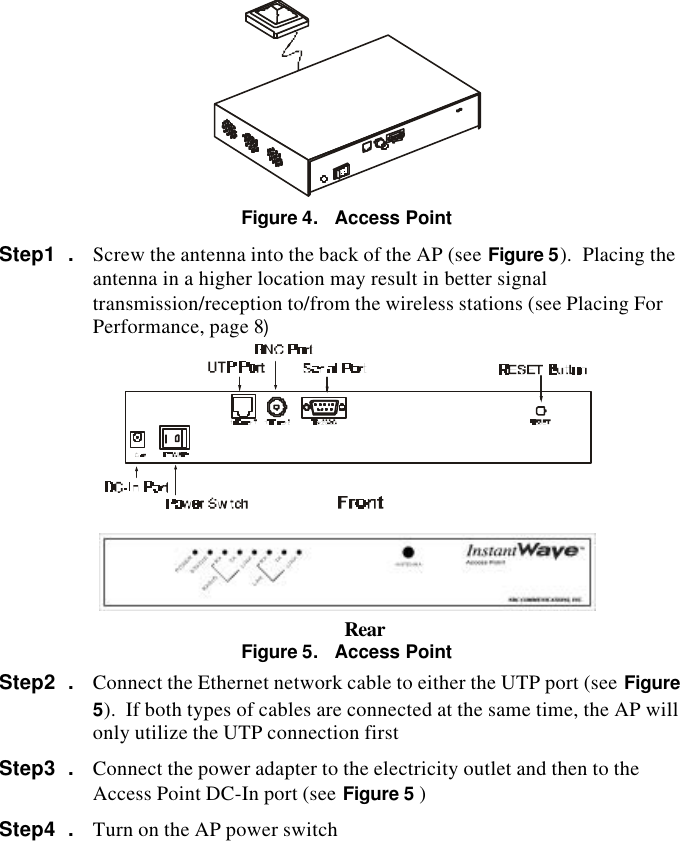  InstantWave High Speed Access Point  9Getting StartedAccess Point Hardware InstallationAccess Point Hardware Setup explains how to quickly setup the Access Point foruse via a wired Ethernet connection, and using the factory default settings.  Forinstallation in networks using other than the default settings, i.e. into existingnetworks, complete the Hardware Setup and refer to AP COMFig Tool, page 13.To setup a wireless station, refer to the PCI/PC Card UserFigure 4.   Access PointStep1  . Screw the antenna into the back of the AP (see Figure 5).  Placing theantenna in a higher location may result in better signaltransmission/reception to/from the wireless stations (see Placing ForPerformance, page 8)Figure 5.   Access PointStep2  . Connect the Ethernet network cable to either the UTP port (see Figure5).  If both types of cables are connected at the same time, the AP willonly utilize the UTP connection firstStep3  . Connect the power adapter to the electricity outlet and then to theAccess Point DC-In port (see Figure 5 )Step4  . Turn on the AP power switchRear