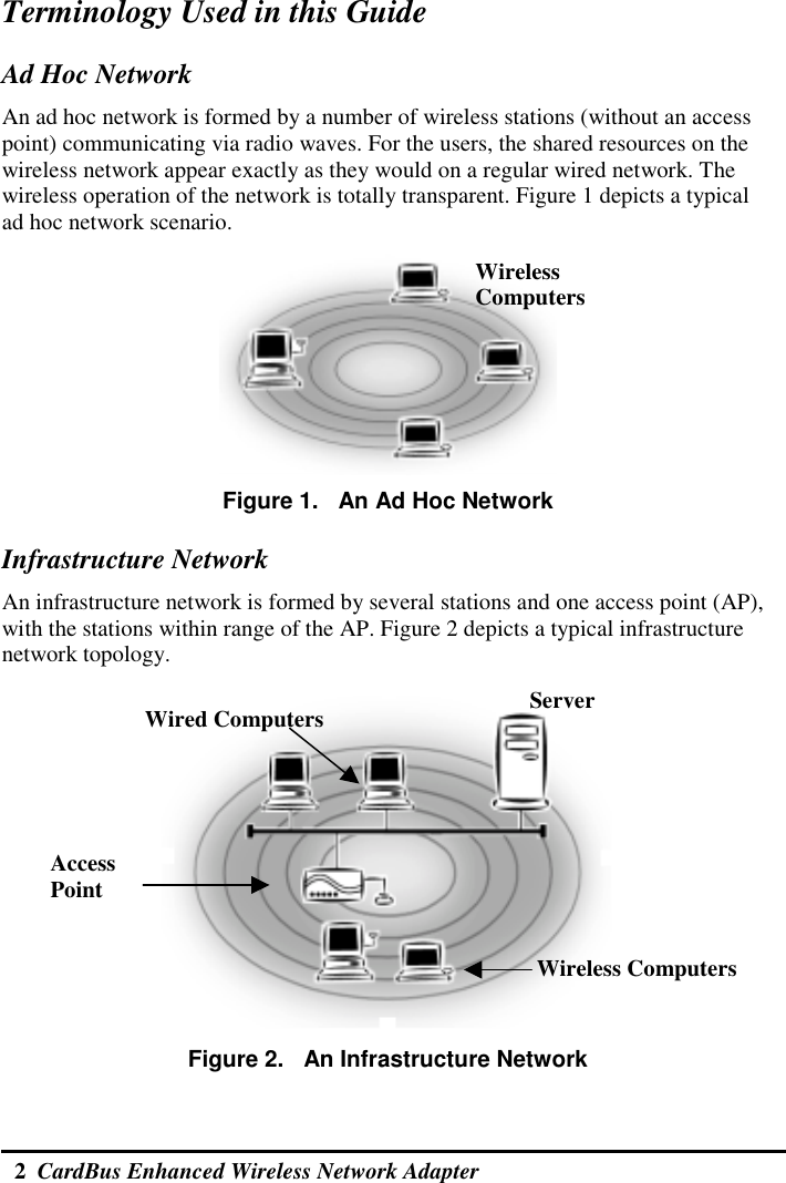  2  CardBus Enhanced Wireless Network Adapter  Terminology Used in this Guide Ad Hoc Network An ad hoc network is formed by a number of wireless stations (without an access point) communicating via radio waves. For the users, the shared resources on the wireless network appear exactly as they would on a regular wired network. The wireless operation of the network is totally transparent. Figure 1 depicts a typical ad hoc network scenario.  Figure 1.   An Ad Hoc Network Infrastructure Network An infrastructure network is formed by several stations and one access point (AP), with the stations within range of the AP. Figure 2 depicts a typical infrastructure network topology.  Figure 2.   An Infrastructure Network Server Wired Computers Access Point Wireless Computers Wireless Computers 