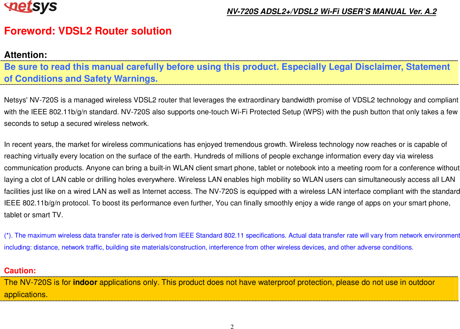 Page 3 of National Enhance Technology NV720XX ADSL2+/VDSL2 Wi-Fi Modem Router User Manual NV 720S User s Manual Ver A2