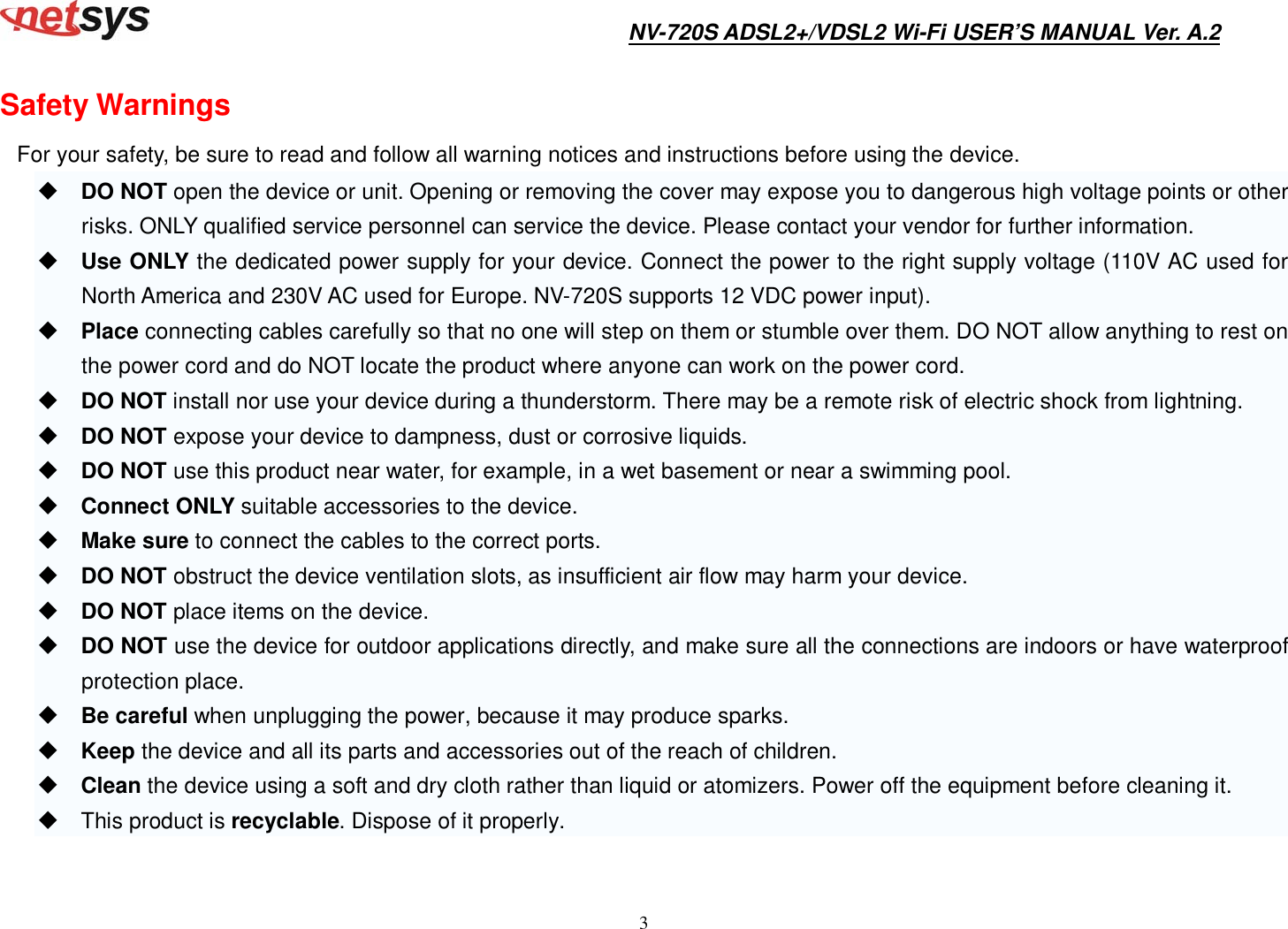Page 4 of National Enhance Technology NV720XX ADSL2+/VDSL2 Wi-Fi Modem Router User Manual NV 720S User s Manual Ver A2
