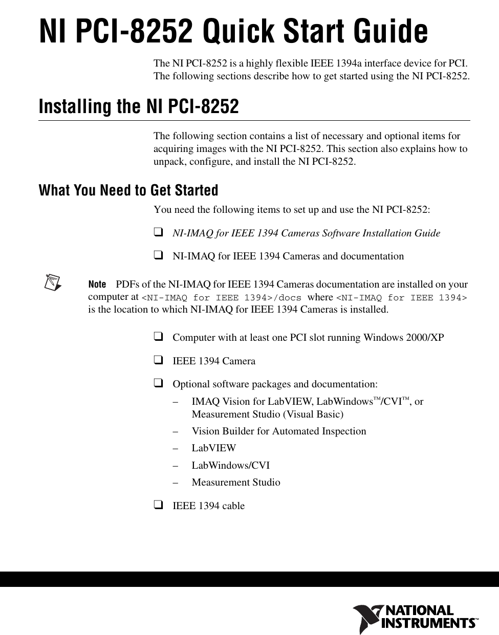 Page 1 of 8 - National-Instruments National-Instruments-8252-Users-Manual- NI PCI-8252 Quick Start Guide  National-instruments-8252-users-manual