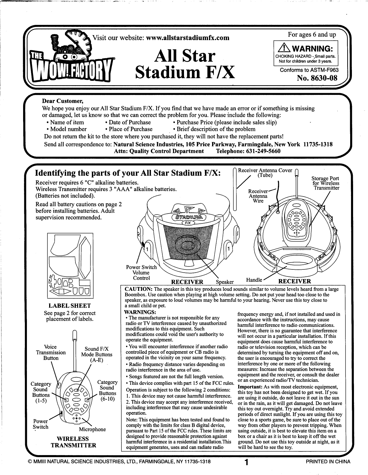 Natural Science 8630 STADIUM ANNOUNCER TRANSMITTER User Manual USERS