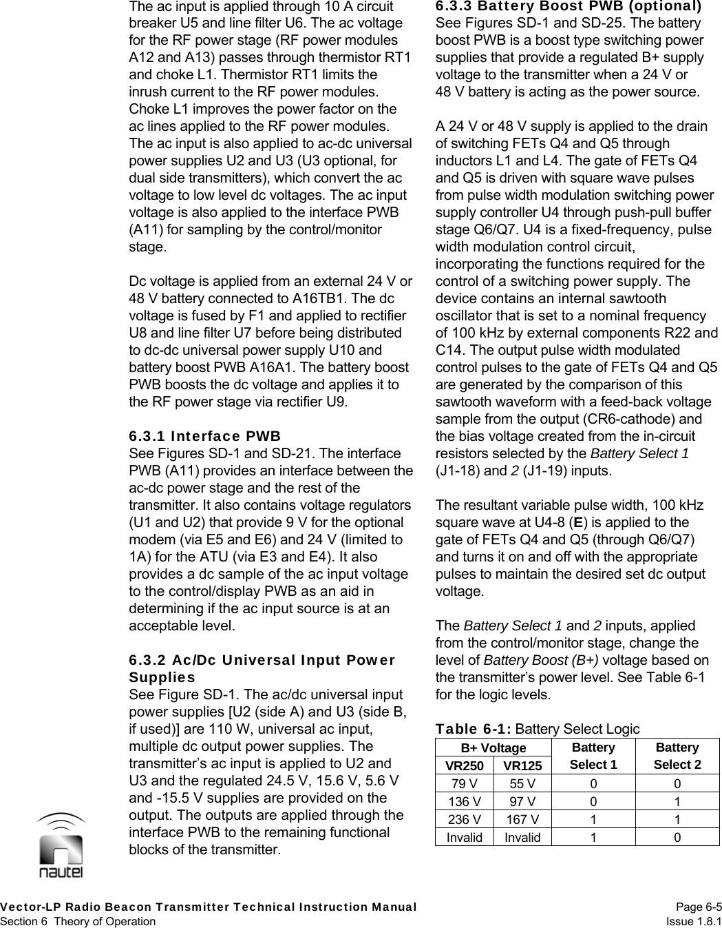  Vector-LP Radio Beacon Transmitter Technical Instruction Manual Page 6-5 Section 6  Theory of Operation  Issue 1.8.1 The ac input is applied through 10 A circuit breaker U5 and line filter U6. The ac voltage for the RF power stage (RF power modules A12 and A13) passes through thermistor RT1 and choke L1. Thermistor RT1 limits the inrush current to the RF power modules. Choke L1 improves the power factor on the ac lines applied to the RF power modules. The ac input is also applied to ac-dc universal power supplies U2 and U3 (U3 optional, for dual side transmitters), which convert the ac voltage to low level dc voltages. The ac input voltage is also applied to the interface PWB (A11) for sampling by the control/monitor stage.  Dc voltage is applied from an external 24 V or 48 V battery connected to A16TB1. The dc voltage is fused by F1 and applied to rectifier U8 and line filter U7 before being distributed to dc-dc universal power supply U10 and battery boost PWB A16A1. The battery boost PWB boosts the dc voltage and applies it to the RF power stage via rectifier U9.  6.3.1 Interface PWB See Figures SD-1 and SD-21. The interface PWB (A11) provides an interface between the ac-dc power stage and the rest of the transmitter. It also contains voltage regulators (U1 and U2) that provide 9 V for the optional modem (via E5 and E6) and 24 V (limited to 1A) for the ATU (via E3 and E4). It also provides a dc sample of the ac input voltage to the control/display PWB as an aid in determining if the ac input source is at an acceptable level.  6.3.2 Ac/Dc Universal Input Power Supplies See Figure SD-1. The ac/dc universal input power supplies [U2 (side A) and U3 (side B, if used)] are 110 W, universal ac input, multiple dc output power supplies. The transmitter’s ac input is applied to U2 and U3 and the regulated 24.5 V, 15.6 V, 5.6 V and -15.5 V supplies are provided on the output. The outputs are applied through the interface PWB to the remaining functional blocks of the transmitter.   6.3.3 Battery Boost PWB (optional) See Figures SD-1 and SD-25. The battery boost PWB is a boost type switching power supplies that provide a regulated B+ supply voltage to the transmitter when a 24 V or 48 V battery is acting as the power source.  A 24 V or 48 V supply is applied to the drain of switching FETs Q4 and Q5 through inductors L1 and L4. The gate of FETs Q4 and Q5 is driven with square wave pulses from pulse width modulation switching power supply controller U4 through push-pull buffer stage Q6/Q7. U4 is a fixed-frequency, pulse width modulation control circuit, incorporating the functions required for the control of a switching power supply. The device contains an internal sawtooth oscillator that is set to a nominal frequency of 100 kHz by external components R22 and C14. The output pulse width modulated control pulses to the gate of FETs Q4 and Q5 are generated by the comparison of this sawtooth waveform with a feed-back voltage sample from the output (CR6-cathode) and the bias voltage created from the in-circuit resistors selected by the Battery Select 1 (J1-18) and 2 (J1-19) inputs.  The resultant variable pulse width, 100 kHz square wave at U4-8 (E) is applied to the gate of FETs Q4 and Q5 (through Q6/Q7) and turns it on and off with the appropriate pulses to maintain the desired set dc output voltage.  The Battery Select 1 and 2 inputs, applied from the control/monitor stage, change the level of Battery Boost (B+) voltage based on the transmitter’s power level. See Table 6-1 for the logic levels.  Table 6-1: Battery Select Logic  B+ Voltage VR250 VR125 Battery Select 1  Battery Select 2 79 V  55 V  0  0 136 V  97 V  0  1 236 V  167 V  1  1 Invalid Invalid  1  0 