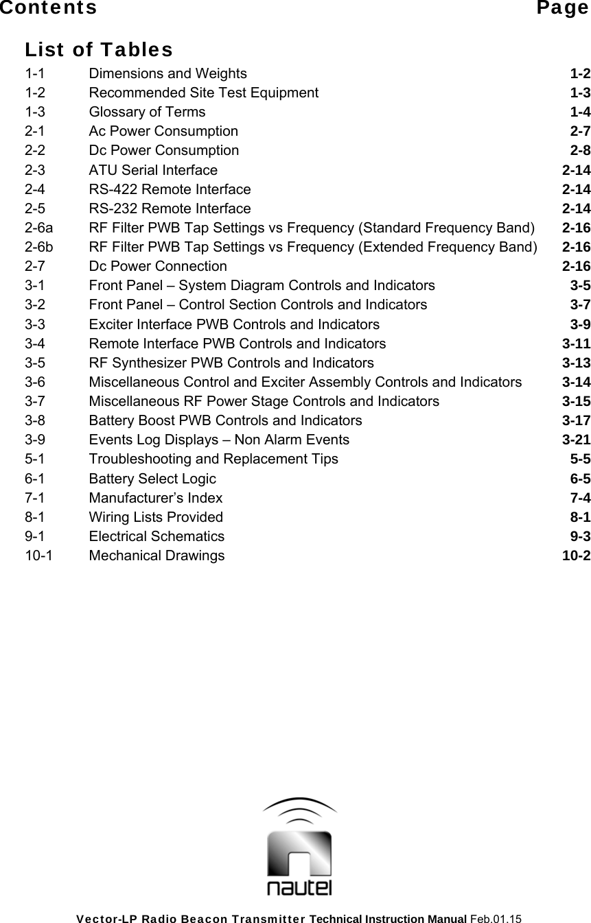 Vector-LP Radio Beacon Transmitter Technical Instruction Manual Feb.01.15 Contents Page  List of Tables 1-1  Dimensions and Weights 1-2 1-2  Recommended Site Test Equipment 1-3 1-3  Glossary of Terms 1-4 2-1  Ac Power Consumption 2-7 2-2  Dc Power Consumption 2-8 2-3  ATU Serial Interface 2-14 2-4  RS-422 Remote Interface 2-14 2-5  RS-232 Remote Interface 2-14 2-6a  RF Filter PWB Tap Settings vs Frequency (Standard Frequency Band) 2-16 2-6b  RF Filter PWB Tap Settings vs Frequency (Extended Frequency Band) 2-16 2-7  Dc Power Connection 2-16 3-1  Front Panel – System Diagram Controls and Indicators 3-5 3-2  Front Panel – Control Section Controls and Indicators 3-7 3-3  Exciter Interface PWB Controls and Indicators 3-9 3-4  Remote Interface PWB Controls and Indicators 3-11 3-5  RF Synthesizer PWB Controls and Indicators 3-13 3-6  Miscellaneous Control and Exciter Assembly Controls and Indicators 3-14 3-7  Miscellaneous RF Power Stage Controls and Indicators 3-15 3-8  Battery Boost PWB Controls and Indicators 3-17 3-9  Events Log Displays – Non Alarm Events 3-21 5-1  Troubleshooting and Replacement Tips 5-5 6-1  Battery Select Logic 6-5 7-1 Manufacturer’s Index 7-4 8-1  Wiring Lists Provided 8-1 9-1 Electrical Schematics 9-3 10-1 Mechanical Drawings 10-2   