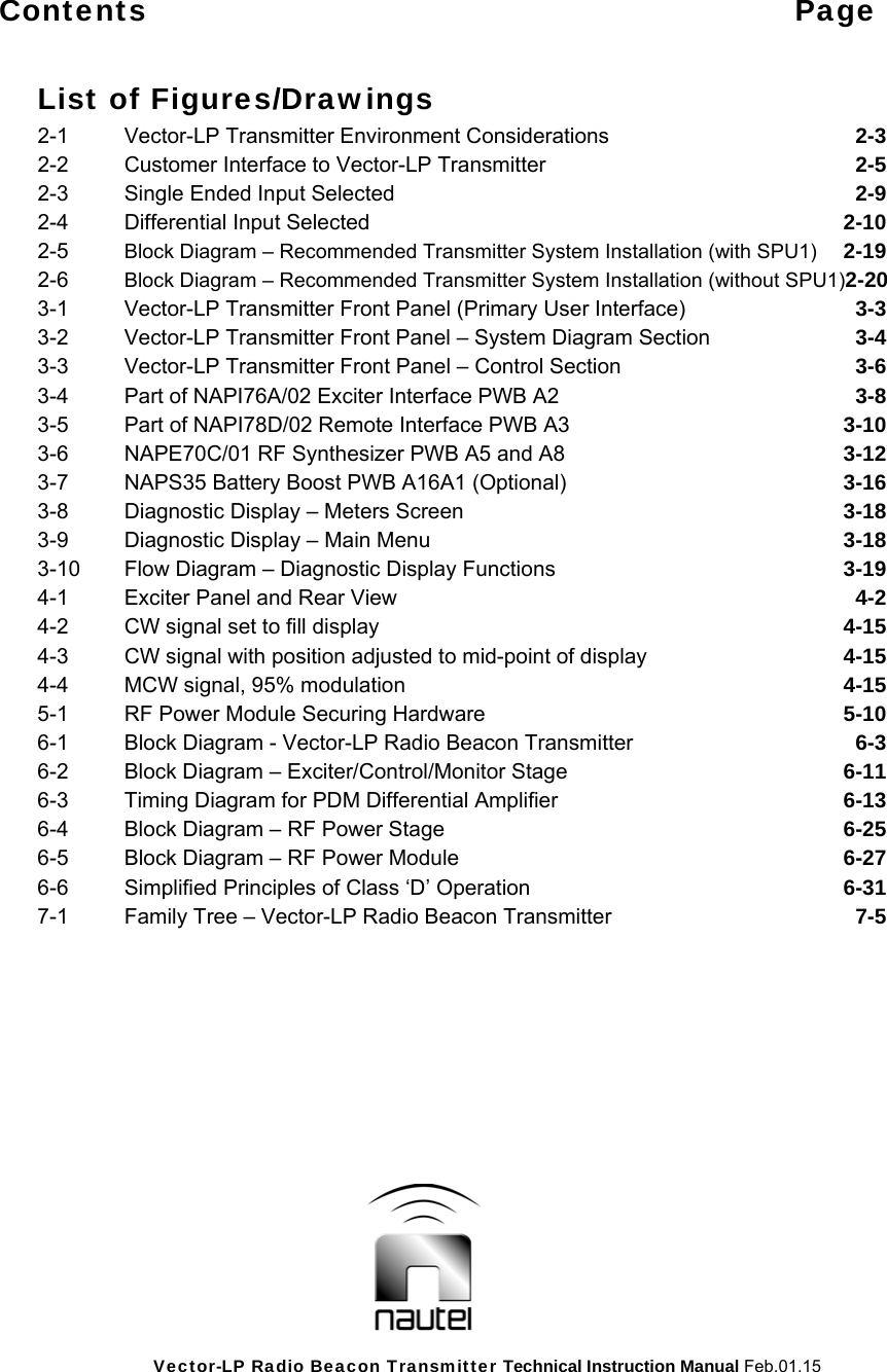 Vector-LP Radio Beacon Transmitter Technical Instruction Manual Feb.01.15 Contents Page  List of Figures/Drawings 2-1  Vector-LP Transmitter Environment Considerations 2-3 2-2  Customer Interface to Vector-LP Transmitter 2-5 2-3  Single Ended Input Selected 2-9 2-4  Differential Input Selected 2-10 2-5  Block Diagram – Recommended Transmitter System Installation (with SPU1) 2-19 2-6  Block Diagram – Recommended Transmitter System Installation (without SPU1)2-20 3-1  Vector-LP Transmitter Front Panel (Primary User Interface) 3-3 3-2  Vector-LP Transmitter Front Panel – System Diagram Section 3-4 3-3  Vector-LP Transmitter Front Panel – Control Section 3-6 3-4  Part of NAPI76A/02 Exciter Interface PWB A2 3-8 3-5  Part of NAPI78D/02 Remote Interface PWB A3 3-10 3-6  NAPE70C/01 RF Synthesizer PWB A5 and A8 3-12 3-7  NAPS35 Battery Boost PWB A16A1 (Optional) 3-16 3-8  Diagnostic Display – Meters Screen 3-18 3-9  Diagnostic Display – Main Menu 3-18 3-10  Flow Diagram – Diagnostic Display Functions 3-19 4-1  Exciter Panel and Rear View 4-2 4-2  CW signal set to fill display 4-15 4-3  CW signal with position adjusted to mid-point of display 4-15 4-4  MCW signal, 95% modulation 4-15 5-1  RF Power Module Securing Hardware 5-10 6-1  Block Diagram - Vector-LP Radio Beacon Transmitter 6-3 6-2  Block Diagram – Exciter/Control/Monitor Stage 6-11 6-3  Timing Diagram for PDM Differential Amplifier 6-13 6-4  Block Diagram – RF Power Stage 6-25 6-5  Block Diagram – RF Power Module 6-27 6-6  Simplified Principles of Class ‘D’ Operation 6-31 7-1  Family Tree – Vector-LP Radio Beacon Transmitter 7-5  