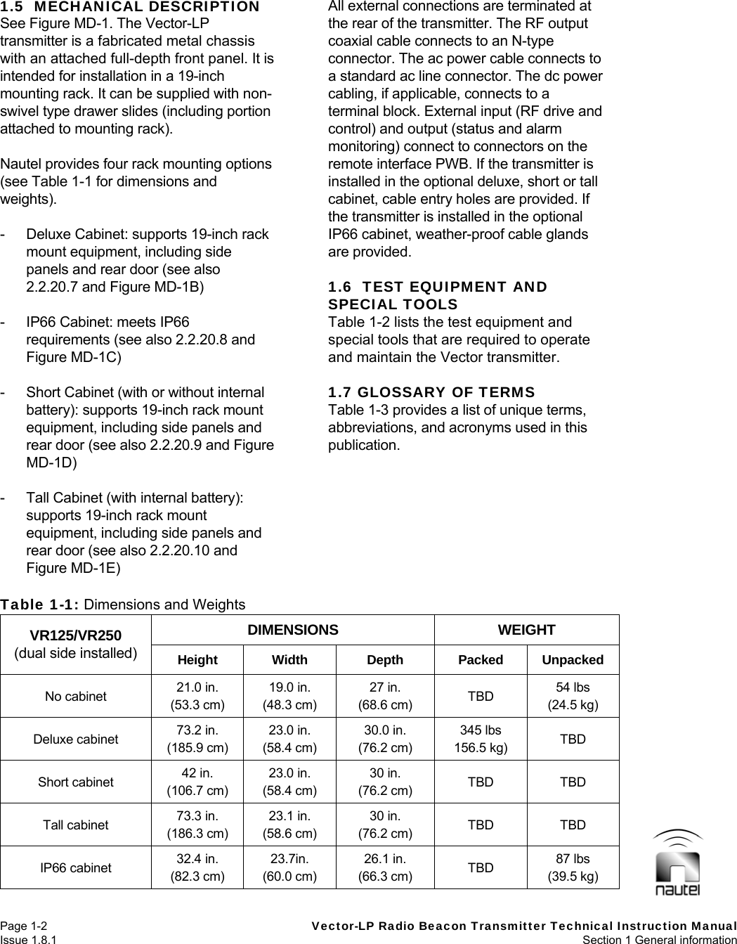   Page 1-2  Vector-LP Radio Beacon Transmitter Technical Instruction Manual Issue 1.8.1  Section 1 General information 1.5  MECHANICAL DESCRIPTION See Figure MD-1. The Vector-LP transmitter is a fabricated metal chassis with an attached full-depth front panel. It is intended for installation in a 19-inch mounting rack. It can be supplied with non-swivel type drawer slides (including portion attached to mounting rack).  Nautel provides four rack mounting options (see Table 1-1 for dimensions and weights).  -  Deluxe Cabinet: supports 19-inch rack mount equipment, including side panels and rear door (see also 2.2.20.7 and Figure MD-1B)  -  IP66 Cabinet: meets IP66 requirements (see also 2.2.20.8 and Figure MD-1C)  -  Short Cabinet (with or without internal battery): supports 19-inch rack mount equipment, including side panels and rear door (see also 2.2.20.9 and Figure MD-1D)  -  Tall Cabinet (with internal battery): supports 19-inch rack mount equipment, including side panels and rear door (see also 2.2.20.10 and Figure MD-1E) All external connections are terminated at the rear of the transmitter. The RF output coaxial cable connects to an N-type connector. The ac power cable connects to a standard ac line connector. The dc power cabling, if applicable, connects to a terminal block. External input (RF drive and control) and output (status and alarm monitoring) connect to connectors on the remote interface PWB. If the transmitter is installed in the optional deluxe, short or tall cabinet, cable entry holes are provided. If the transmitter is installed in the optional IP66 cabinet, weather-proof cable glands are provided.  1.6  TEST EQUIPMENT AND SPECIAL TOOLS Table 1-2 lists the test equipment and special tools that are required to operate and maintain the Vector transmitter.  1.7 GLOSSARY OF TERMS Table 1-3 provides a list of unique terms, abbreviations, and acronyms used in this publication.   Table 1-1: Dimensions and Weights DIMENSIONS WEIGHT VR125/VR250 (dual side installed)  Height Width  Depth Packed Unpacked No cabinet  21.0 in. (53.3 cm) 19.0 in. (48.3 cm) 27 in. (68.6 cm)  TBD  54 lbs (24.5 kg) Deluxe cabinet  73.2 in. (185.9 cm) 23.0 in. (58.4 cm) 30.0 in. (76.2 cm) 345 lbs 156.5 kg)  TBD Short cabinet  42 in. (106.7 cm) 23.0 in. (58.4 cm) 30 in. (76.2 cm)  TBD TBD Tall cabinet  73.3 in. (186.3 cm) 23.1 in. (58.6 cm) 30 in. (76.2 cm)  TBD TBD IP66 cabinet  32.4 in. (82.3 cm) 23.7in. (60.0 cm) 26.1 in. (66.3 cm)  TBD  87 lbs (39.5 kg) 