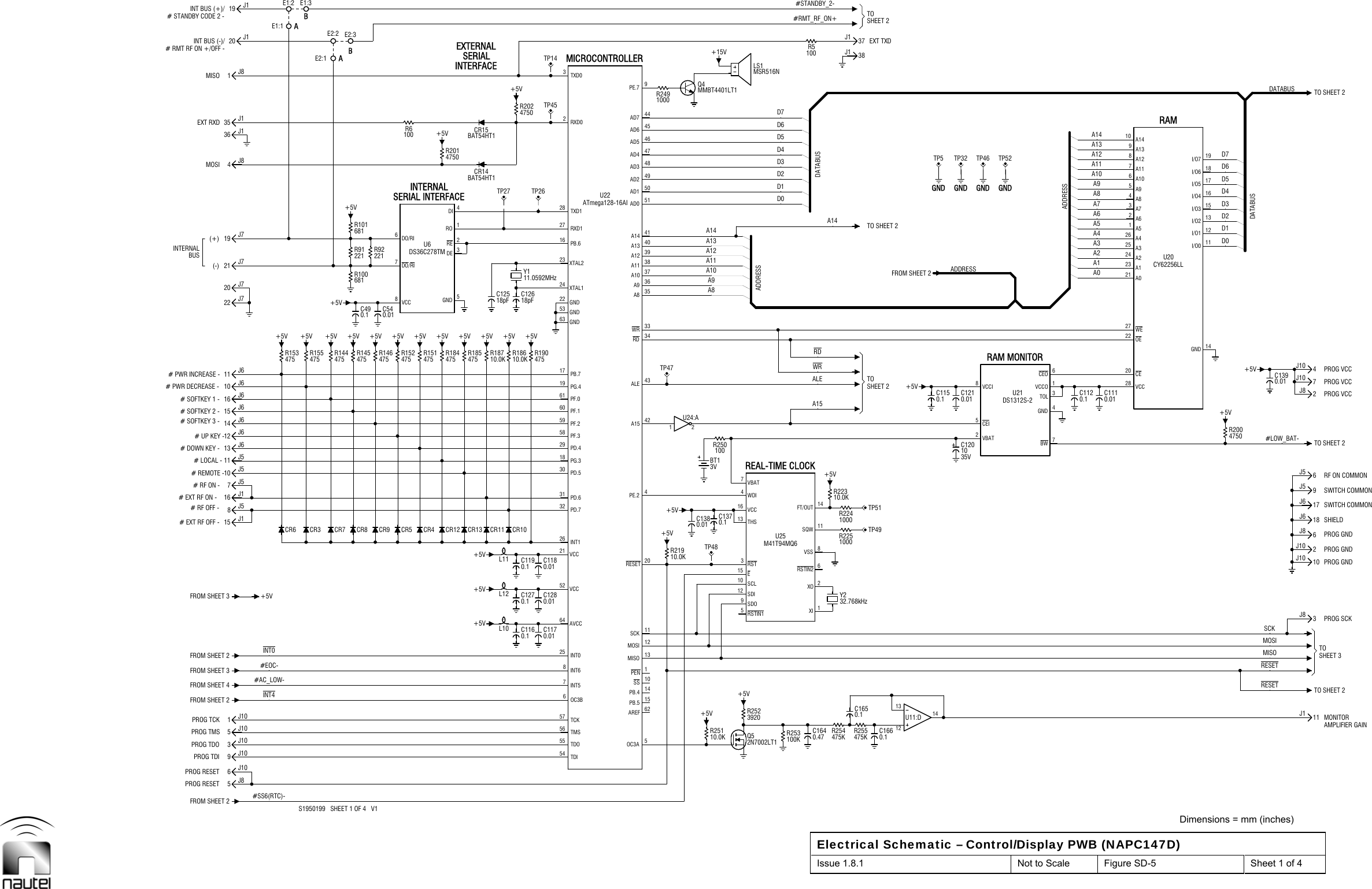  Dimensions = mm (inches) Electrical Schematic – Control/Display PWB (NAPC147D) Issue 1.8.1  Not to Scale  Figure SD-5  Sheet 1 of 4  (+)MOSIMISO6J109J105J108J57J54J8CR6E1:2CR3E1:3CR7AE2:2CR8475R1454DI+5V+5V5456672532185860192728OC3APB.4PB.5SSMISOMOSISCKPE.2A15ALEWRA10A9A12A14AD0AD2AD4AD6PE.7A9A12A11A14D1D3D5D7+5V38J137J1GNDA2A4A7A9A12A14D1D3D5D7SCKTO(-)5J83J101J101J8+5V +5VB+5VC490.1 C540.01+5V+5V+5V +5V +5V55857263129305961171623RDA11A13A8AD5AD3AD1AD7A13A10A8ADDRESSD4D2D0D6A145CEITP52A3A1A0A6A5A8A10A11A13+5VD0D6D2D4DATABUSR6100+5VFROM SHEET 2PROG TDIPROG TDOPROG TMSPROG TCKFROM SHEET 2 INT4FROM SHEET 3#AC_LOW-INT0FROM SHEET 2FROM SHEET 3 +5V# RF OFF -# REMOTE -# RF ON -11 J5# LOCAL -12 J6# UP KEY -15 J610 J622 J720 J7BUS19 J736 J120 J1INT BUS (-)/19 J1INT BUS (+)/475R144475R155+5VE2:1E2:3CR4CR5 CR13CR12475R184475R151475R152 475R1858VCC3DE6DO/RI1ROINTERNALTDITDOTCKTMSINT6INT0L10C1270.1 C1280.0121 VCCL11CR10PD.6PD.7PD.5PD.4PG.3PF.2PF.3PF.1PF.0PG.4PB.7475R19010.0KR18622 GND53 GND4750R202151PEN1013114334333639384151504947484546449+5V9SDO15 E10 SCL16 VCC7VBAT+15V8VSS11SQW14FT/OUTA15TOALERD#STANDBY_2-TO+5VFROM SHEET 2GND GND4GND1VCCORAM MONITOR28 VCC27 WE21 A024 A21A526 A43A75A96A108A1210 A1412I/O115I/O317I/O519I/O7MONITORAMPLIFIER GAINSHEET 3PROG SCKPROG GND2J10PROG GND6J8SHIELD17J6 SWITCH COMMON6J5 RF ON COMMONPROG VCC7J10FROM SHEET 4#EOC-15 J116 J113 J610 J516 J614 J611 J621 J7EXT RXD 35 J1S1950199   SHEET 1 OF 4   V1+5V+5V221R92221R91681R100+5VBA+5V+5V +5VDS36C278TMU67DO/RI5GND2RESERIAL INTERFACE4750R201INT5L1252 VCCINT1C1180.01C1190.163 GNDC12518pF C12618pFY111.0592MHzPB.6TP27 TP26TP14TP45+5V51462AREF1220RESET+5V442TP47403735R2491000Q52N7002LT13920R252TP483RST12 SDI5RSTIN1R250100BT13V4WDI13 THSC1640.47C1650.11XI6RSTIN22XOY232.768kHzR224100010.0KR223WRDATABUSR5100#RMT_RF_ON+C1201035VC1150.1 C1210.01TP5 TP327BW6CEO3TOLDS1312S-2U21ADDRESS22 OE20 CEC1110.0125 A323 A14A87A112A69A13+5V14GND11I/O018I/O613I/O216I/O4TO SHEET 211J1PROG GND10J103J8TO SHEET 29J5 SWITCH COMMON18J64J10 PROG VCCPROG VCC2J8TO SHEET 2681R101+5VC1160.1 C1170.01C1370.1C1380.0110.0KR251 R255475KR254475KR2251000131214U11:D4750R200#SS6(RTC)-PROG RESET# EXT RF OFF -CR9 CR11# EXT RF ON -# DOWN KEY -# SOFTKEY 3 -# SOFTKEY 1 -# SOFTKEY 2 -# PWR DECREASE -# PWR INCREASE -475R146475R153 10.0KR187INTERNALSERIALE1:1# STANDBY CODE 2 -OC3B64 AVCC10.0KR219TP49+5V TP51SHEET 224 XTAL123 XTAL2RXD1 TO SHEET 2TXD1TXD0MICROCONTROLLEREXT TXDMISO8VCCIC1390.01GNDDATABUSPROG RESETBAT54HT1CR14# RMT RF ON +/OFF - EXTERNALINTERFACEC1660.1100KR253M41T94MQ6U25REAL-TIME CLOCKATmega128-16AIU22RXD0LS1MSR516NQ4MMBT4401LT1SHEET 2RESETMOSIRESET2VBAT #LOW_BAT-C1120.1ADDRESS CY62256LLU20TP46RAMBAT54HT1CR151 2U24:A