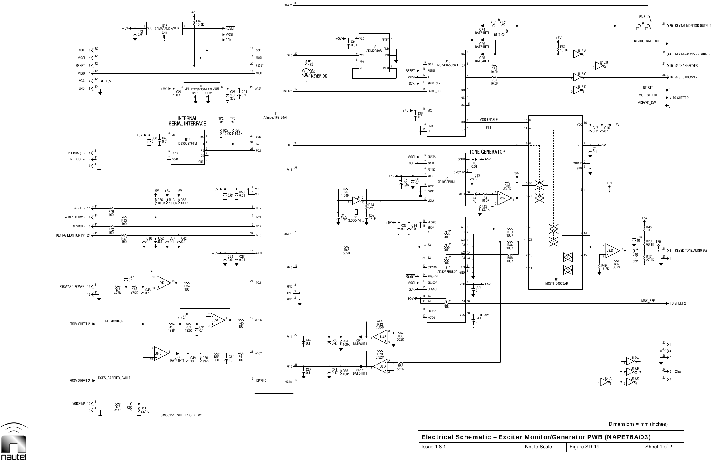  Dimensions = mm (inches) Electrical Schematic – Exciter Monitor/Generator PWB (NAPE76A/03) Issue 1.8.1  Not to Scale  Figure SD-19  Sheet 1 of 2  R65100+5VSCKR451000.01C270.01C50243211312915PC.4PD.6PC.2PD.5PC.020KCWCWCWCW+5V+5VHLHL-5VE3:1R42100R46100R571000.01C430.1C26MOSIR41100122130261617PC.5+5V20K20K20K-5VR210.0KAR44100KR56100KR19100KB+5VABR31182KVOICE I/PFORWARD POWERKEYING MONITOR I/P# KEYED CW -# PTT -INT BUS (+)INT BUS (-)GNDVCCRESETSCK10 J1RF_MONITOR13 J124 J111 J17J1+5V2 J25J2+5V+5V+5V7DO/RI+5V0.01C280.01C513DE4DIRESET+5VPC.1INT0INT1PD.76VCCTXDATmega168-20AIU11RESETSCK2827725914KEYER OK2382210R641MR6WDI2VCCR86562K16 SDO/O1+5V 19 W4MOSI 11 SDI/SDA24 B24B31B110 VLOGIC0.1C68FSYNCMOSI 6SDATA13 OE0.01C6512 LATCH_CLKMOSI 14 A9SQH7VDD8GND23A25A32A122.1KR1510VOUT3CAP/2.5V1COMPPTT1QB15QA7QH4QE5QF6QG1Y12Y03Z15ZO9C11 A10 BHL15Y14X8GND7VEE0.01C171 2U15:A+5V1 2U17:A+5VE3:32Fpdm4J31J1# SHUTDOWN -16J4# CHANGEOVER -15J44J125J1# MISC -MISOMOSIDGPS_CARRIER_FAULTC8510R7622.1K9J10.1C47R26475K12 J15J16J46J18J16J21J24J23J2BAT54HT1CR79108U9:C0.1C300.1C48131214U9:D0.1C420.1C370.1C520.1C4010.0KR4310.0KR660.1C386DO/RI8VCC3VCC1GND2RESETADM803MAKSU130.1C3110C84R550.0332KR60+5V+5V10.0KR272RE1RO5GND1.0C2535V10.0KR67ICP/PB.022 ADC719 ADC6PD.418 AVCC4VCCPC.3RXDMISO20 AREFMOSI130.1C82 0.47C8010DS1GBAT54HT1CR11R233.32M567U8:B11 10U4:E0.01C95PFOADM705ARU2R87562KRESETSCK 12 CLK/SCL14 RES/AD117 NC/O221 B40.01C340.1C3513 CS/AD015 SHDN10C716V5MCLK4DGND2VDD9AGNDSCK8GND7SCLKSCKRESET16 VCC10 RESET11 SHIFT_CLK0.1C3318VSS20A49DIS22W26W33W10.1C13C4103QD2QCE1:1BAT54HT1CR4BAT54HT1CR5BAT54HT1CR613 X112 XOR1633.2KTP4E1:24Z0.1C16ENABLE16VCC9 8U15:D5 6U15:C10.0KR505 6U17:C10C7635VC181.0100R48121314U8:DR3756.2KTP13J32J37J31J3TO SHEET 2TP52J1TO SHEET 2R30182K231U9:ATP3TP20.1C83 0.47C81475R1318pFC57BAT54HT1CR12R223.32M321U8:AY13.6864MHz0.1C41C50.013 4U17:BS1950151   SHEET 1 OF 2   V210C49FROM SHEET 2DS36C278TMU12INTERNAL21GND3GNDAD5263BRU20U10XTAL1+5VAD9833BRMU5SS/PB.28WDO4PFI+5V 7RESETXTAL227.4KR170.1C16MOD ENABLE#KEYED_CW+3 4U15:BKEYING_GATE_CTRLE3:222.1KR81FROM SHEET 2R54100R62475K10.0KR58SERIAL INTERFACE+5V 10.0KR280.1C244VIN1GND12GND26VOUTU7LT1790BIS6-4.0960.01C53OC1A100KR845GNDR475620+5VR251.00M3GND1 2U4:AMSK_REFMC74HC4053ADU168.1KR291098U8:CRF_OFFMOD_SELECTR5210.0KE1:318pFC46100KR85MC74HC595ADU1618.2KR49R5110.0KKEYING/# MISC ALARM -KEYING MONITOR OUTPUTKEYED TONE/AUDIO (A)TONE GENERATOR