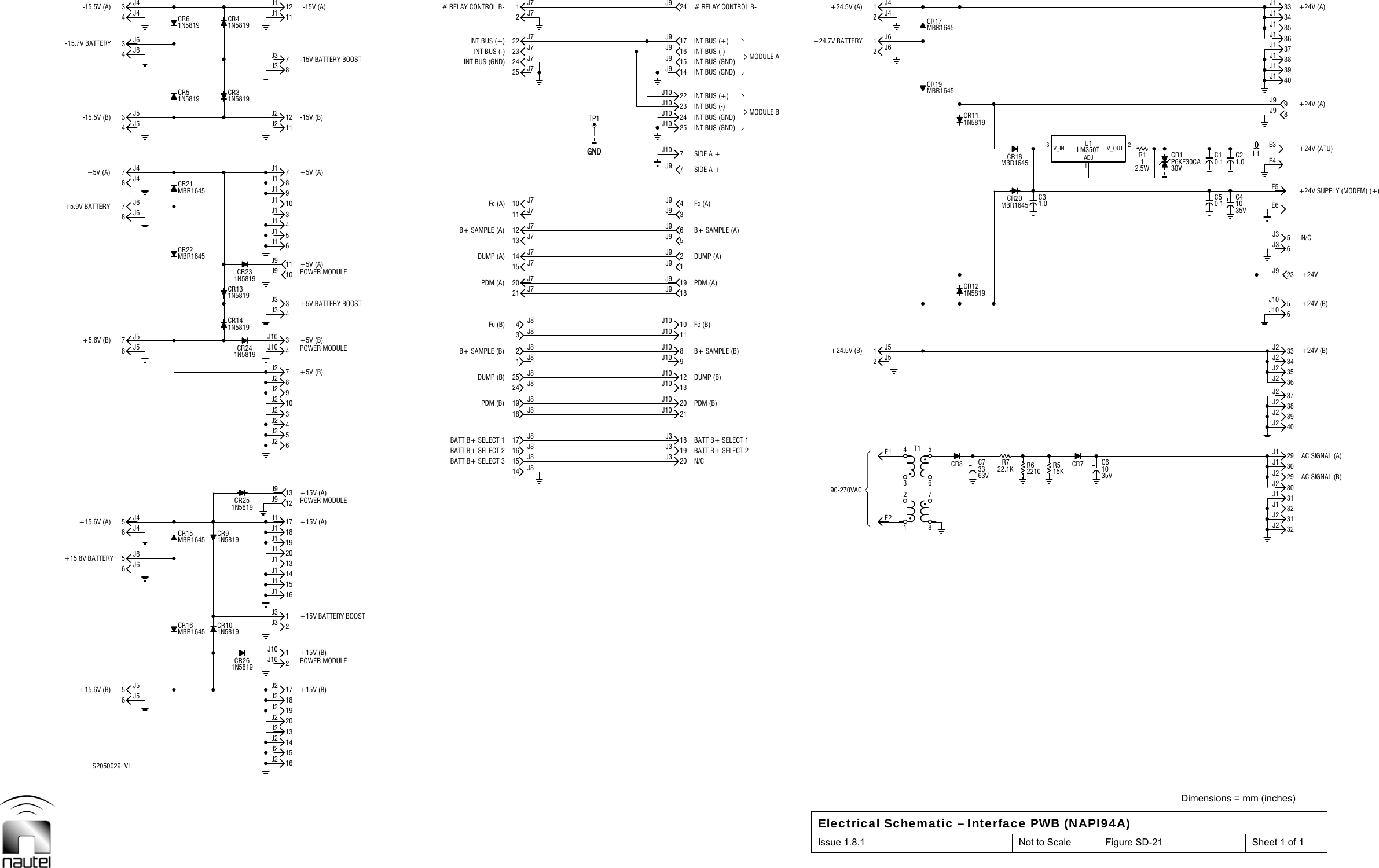  Dimensions = mm (inches) Electrical Schematic – Interface PWB (NAPI94A) Issue 1.8.1  Not to Scale  Figure SD-21  Sheet 1 of 1  C50.11N5819CR241N5819CR2356CR8 C73363VR722.1KC10.1786J56J65J47J57J68J44J53J64J64J415J216J213J218J219J21J102J316J114J120J1 19J117J113J96J23J29J23J104J311J95J110J18J111J2CR31N58198J311J1CR41N5819+15V (B)+15V BATTERY BOOST+15V (A)+15V (A)POWER MODULE+5V (B)+5V BATTERY BOOST+5V (A)+5V (A)-15V (B)BATT B+ SELECT 3BATT B+ SELECT 1PDM (A)DUMP (A)B+ SAMPLE (A)Fc (A)INT BUS (-)INT BUS (+)14 J817 J818 J824 J81J83J820 J714 J712 J710 J7GND25 J723 J72J7N/C18J321J1013J109J1011J1019J92J96J94J9 Fc (A)7J1025J1022J1023J1014J916J9E290-270VACT12J52J62J415KR531J231J130J139J237J234J2+24V (B)6J10+24V5J3 N/CE6E3L1 +24V (ATU)9J9 +24V (A)39J140J137J135J1 34J1S2050029  V15J55J66J48J58J67J43J53J414J217J220J21N5819CR26 2J1015J113J118J1CR91N58191J31N5819CR255J2 4J212J910J28J2 7J2CR141N58194J106J14J1 3J1CR131N581910J93J39J17J112J212J17J3+15V (B)POWER MODULE+5V (B)POWER MODULEPOWER MODULE-15V BATTERY BOOST-15V (A)BATT B+ SELECT 2PDM (B)DUMP (B)B+ SAMPLE (B)Fc (B)INT BUS (GND)# RELAY CONTROL B-15 J816 J84J82J819 J825 J821 J711 J713 J715 J7TP122 J724 J71J720J3 19J312J1010J108J1020J10Fc (B)1J93J95J918J97J924J1015J917J924J9MODULE BMODULE AE1341J5+24.5V (B)1J41J6+24.5V (A)CR121N5819CR111N5819MBR1645CR18CR7 C61035V3V_IN1ADJ2V_OUTLM350TU1CR1P6KE30CA30V32J232J130J2 AC SIGNAL (B)29J1 AC SIGNAL (A)40J229J238J236J233J2 +24V (B)35J25J1023J96J3E48J9E538J136J133J1 +24V (A)CR101N581912MBR1645CR20+15.6V (A)+5.6V (B)CR22MBR1645+5.9V BATTERY+5V (A)-15.5V (B)CR51N5819-15.7V BATTERYCR61N5819BATT B+ SELECT 1PDM (A)DUMP (A)B+ SAMPLE (A)SIDE A +SIDE A +INT BUS (GND)INT BUS (GND)INT BUS (-)INT BUS (+)INT BUS (GND)INT BUS (-)INT BUS (+) +24.7V BATTERY2210R6C31.0 C41035V+15.6V (B)CR15MBR1645+15.8V BATTERYCR21MBR1645-15.5V (A)BATT B+ SELECT 2PDM (B)DUMP (B)B+ SAMPLE (B)INT BUS (GND)# RELAY CONTROL B-C21.02.5W1R1CR19MBR1645CR17MBR1645+24V SUPPLY (MODEM) (+)CR16MBR1645