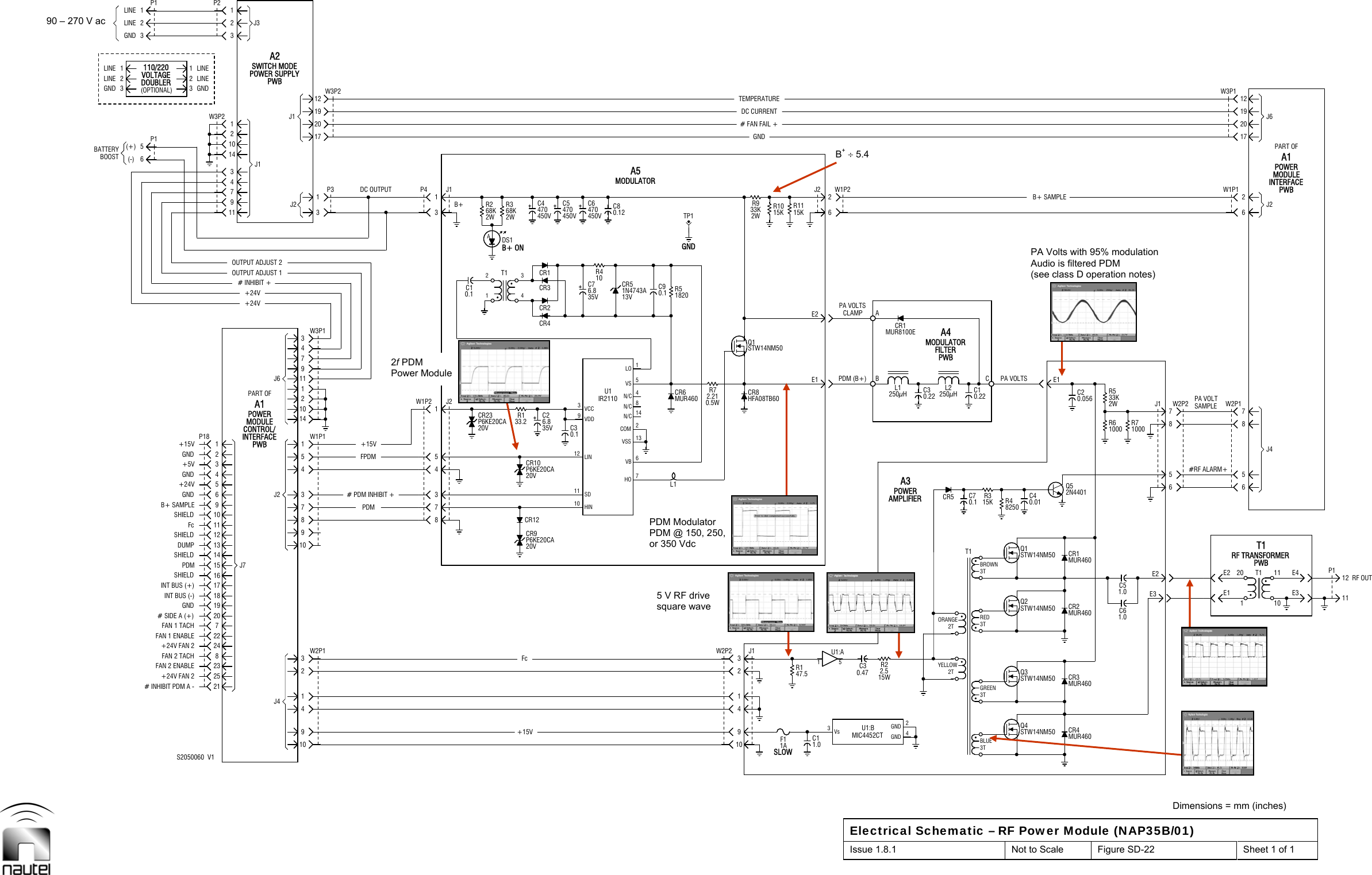  Dimensions = mm (inches) Electrical Schematic – RF Power Module (NAP35B/01) Issue 1.8.1  Not to Scale  Figure SD-22  Sheet 1 of 1    GNDLINE(-)GNDPDMDUMP+24VGNDGND+5V+15VW3P2P2J7J1J1W1P1W3P1PDMFPDM+15VP4 J1C1R2FcR1R3C2CR2CR3C4 C5C7C6 C8C9TP1R7Q1R1R1115KC1E1E2J2 W1P2C3L1 C3 L2PWBA4C1CR2Q5C6C5E3 E1J2J6E3P1LINEGNDFcA1W2P1J20.121346.835VCR4CR1C3R4J1U1:BBACR1CR5FILTERT1C70.1Q4Q3Q2Q1CR4CR3CR11.01.0E2 E2 1110J4E40.1BOOSTGNDLINES2050060  V121# INHIBIT PDM A -23FAN 2 ENABLEFAN 2 TACH24+24V FAN 222FAN 1 ENABLE20# SIDE A (+)18INT BUS (-)17INT BUS (+)15SHIELD1312SHIELD10B+ SAMPLESHIELD5631P186P1GNDLINEDOUBLER(OPTIONAL)233P1110413291078J2 3541INTERFACE1014POWERJ61PART OF793+24V+24V3P31719PWBA2# PDM INHIBIT +DC OUTPUT+15VCR9CR12CR10DS1B+2W68K 2W68K11 SD3VCC9VDDU1CR50.12470450V470450VCR6R5F1 1.0CR8R1015KGNDR2POWERPA VOLTSMUR460E1R5C26#RF ALARM+J1 SAMPLE W2P1W2P27W1P1W3P1PWBPWBINTERFACEA1(+)BATTERYLINE+24V FAN 2 2587SHIELD 161914FAN 1 TACH249115LINE110/220VOLTAGE 12J49PWB2114CONTROL/MODULE1J22012SWITCH MODEPOWER SUPPLYW1P233.2CR23P6KE20CA20VT1B+ ON10 HIN12 LINIR2110106.835VA5W2P2L10.5W2.21MUR4600.1 182047.5R933K2W0.47 15W2.5A3AMPLIFIER250μH0.22GREEN3TRED3TBROWN3TR315K R4 C40.018250C0.22MUR460MUR460R6 R72W33K1000 10000.0565PA VOLT8T1T1MODULEPOWERPART OFRF OUTJ3AGND1ASLOWMUR8100EBLUE3TMUR460783541# INHIBIT +OUTPUT ADJUST 211 347142W3P223311041326VB13VSS14N/C5VS PDM (B+)1LOCLAMPPA VOLTS470450V 6MODULATORDC CURRENT62N44017MODULATOR61719OUTPUT ADJUST 193101112U1:A91 57HOP6KE20CA20V8N/C4N/C2COMHFA08TB601N4743A13V2TEMPERATURE# FAN FAIL +STW14NM50YELLOW       2TSTW14NM50STW14NM50ORANGE       2TRF TRANSFORMER20158250μHB+ SAMPLE 220121112P6KE20CA20VSTW14NM50STW14NM504GND2GND3Vs MIC4452CTPDM Modulator PDM @ 150, 250, or 350 Vdc B+  5.4 5 V RF drive square wave PA Volts with 95% modulationAudio is filtered PDM (see class D operation notes)2f PDM Power Module 90 – 270 V ac 